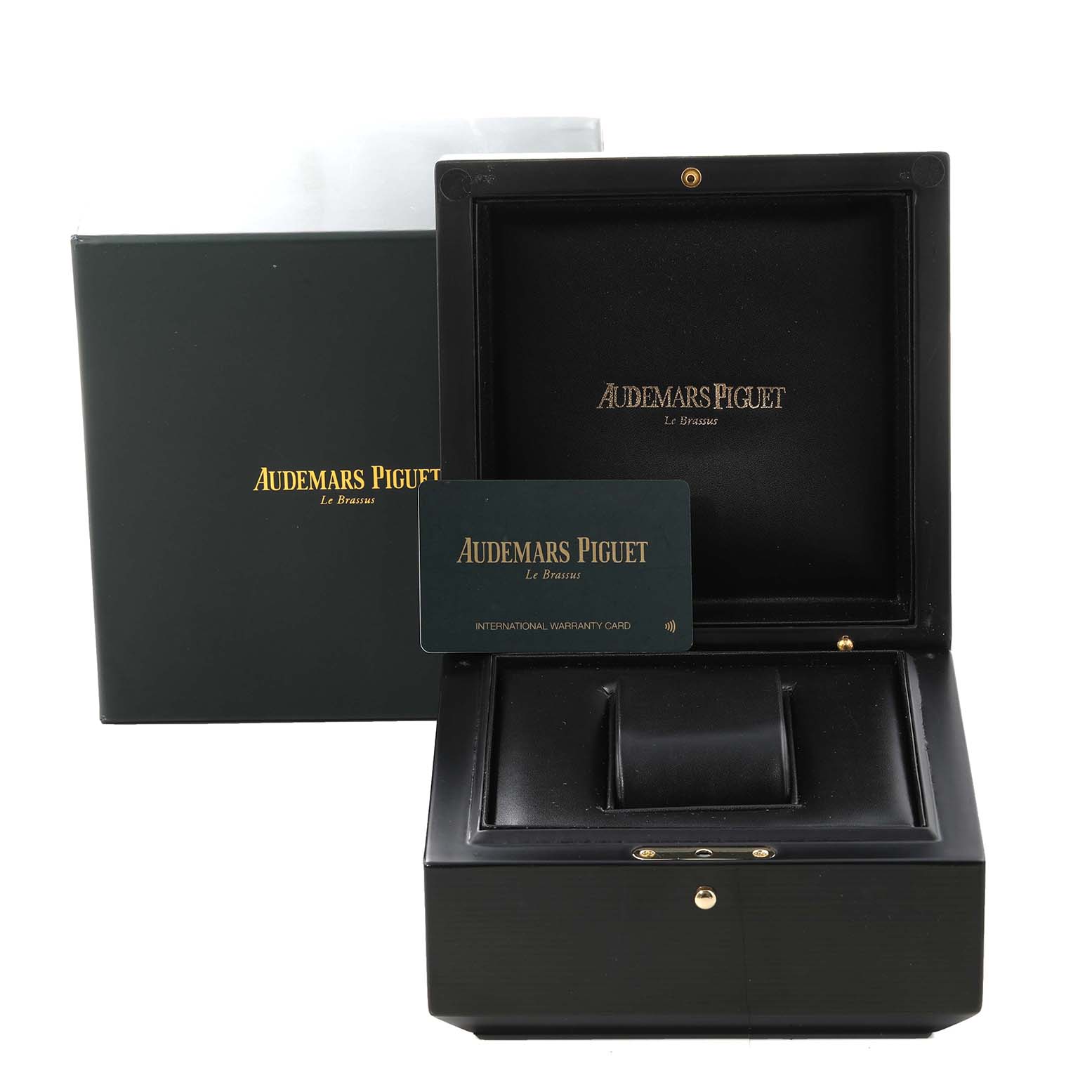 The image shows the packaging, display box, and international warranty card for an Audemars Piguet Royal Oak Offshore 26470ST.OO.A027CA.01 Men's Stainless Steel Blue Dial 26470ST.OO.A027CA.01 Men's Stainless Steel Blue Dial watch.