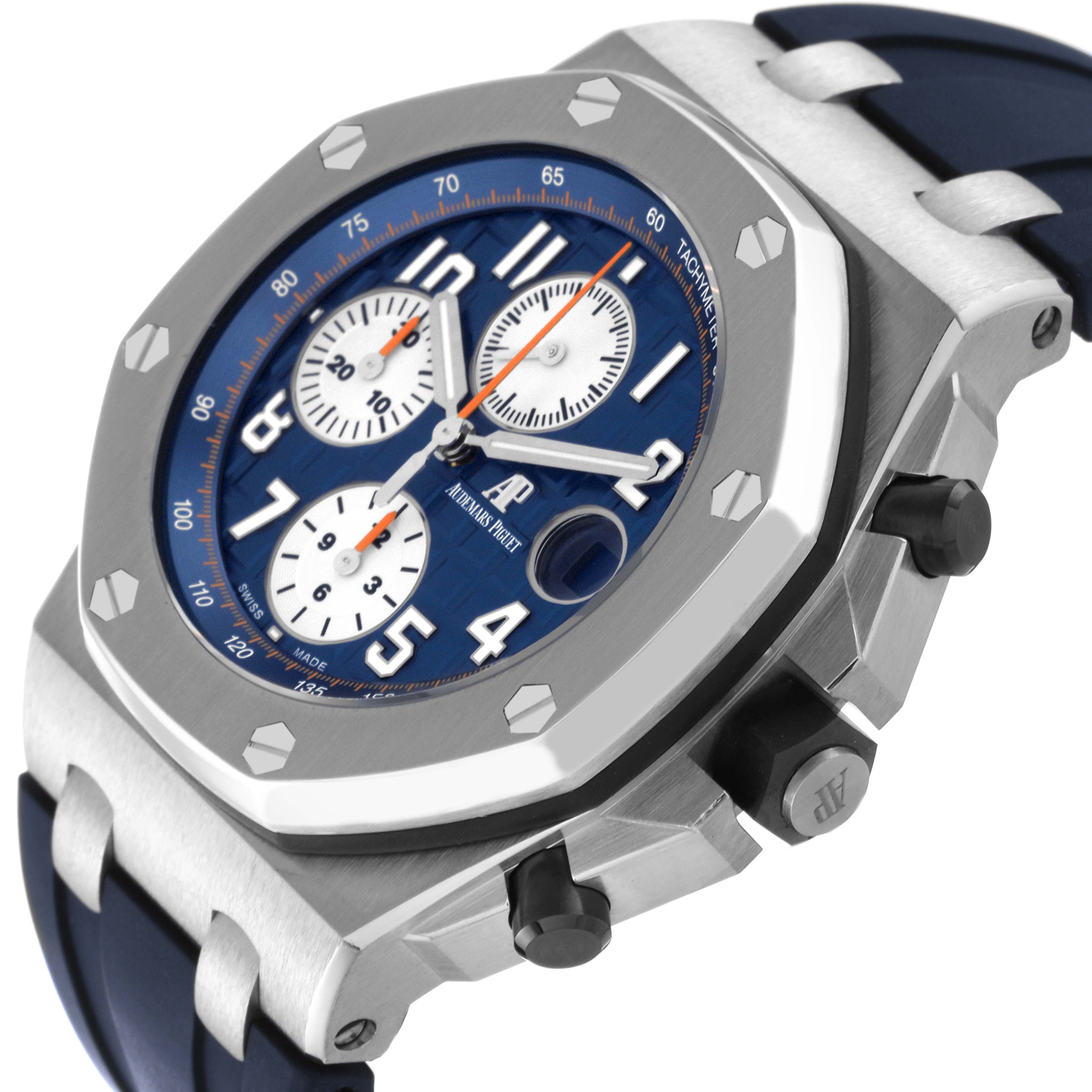 This image shows the front and side angle of the Audemars Piguet Royal Oak Offshore 26470ST.OO.A027CA.01 Men's Stainless Steel Blue Dial 26470ST.OO.A027CA.01 Men's Stainless Steel Blue Dial watch, highlighting the face and chronograph pushers.
