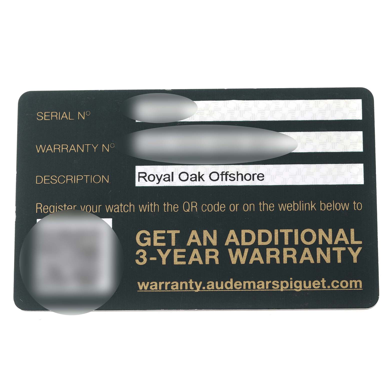 This image shows a warranty card for the Audemars Piguet Royal Oak Offshore 26470ST.OO.A027CA.01 Men's Stainless Steel Blue Dial 26470ST.OO.A027CA.01 Men's Stainless Steel Blue Dial watch model.