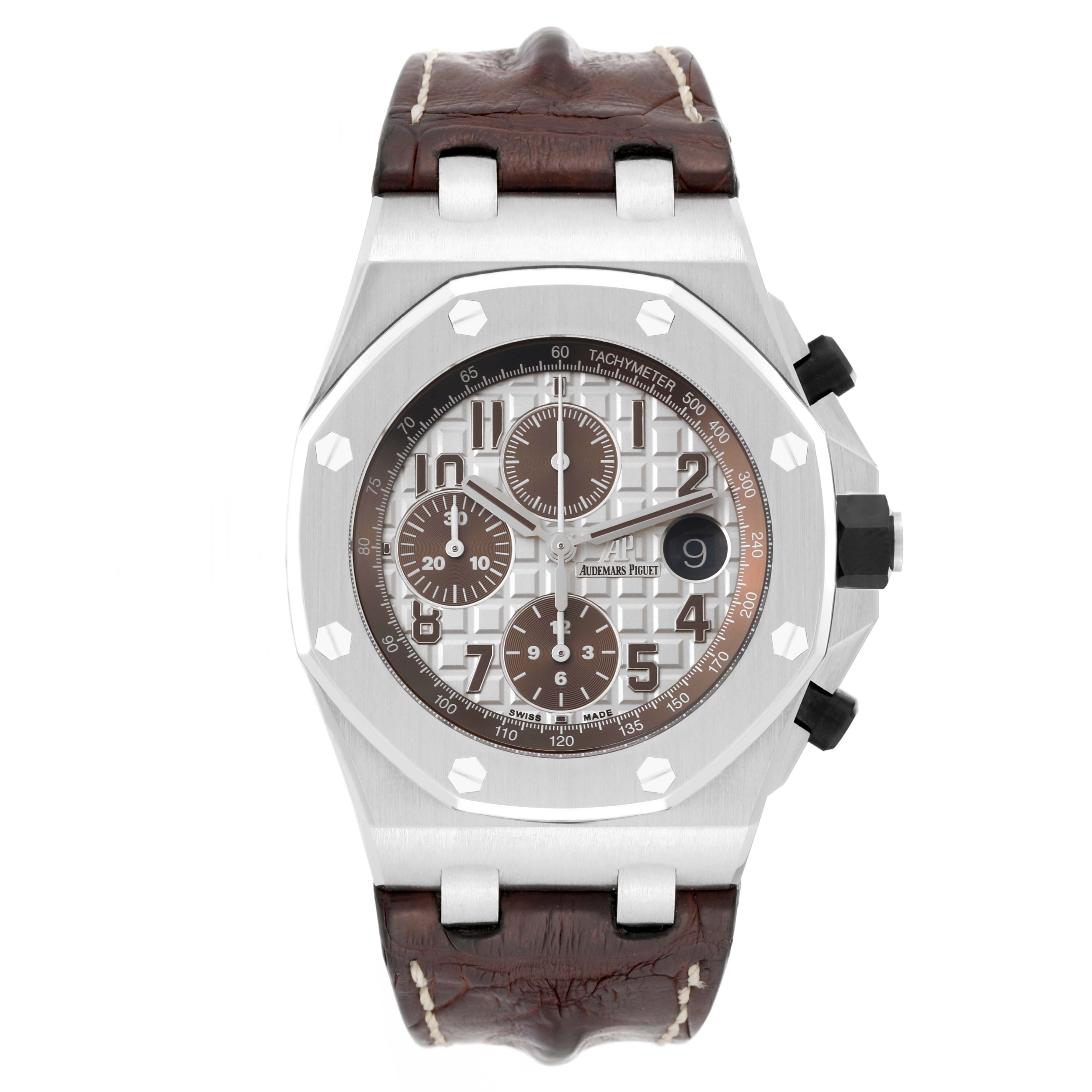 The image shows a front view of an Audemars Piguet Royal Oak Offshore 26470ST.OO.A801CR.01 Men's Stainless Steel Silver Dial 26470ST.OO.A801CR.01 Men's Stainless Steel Silver Dial watch, highlighting its dial, bezel, chronograph subdials, and leather strap.