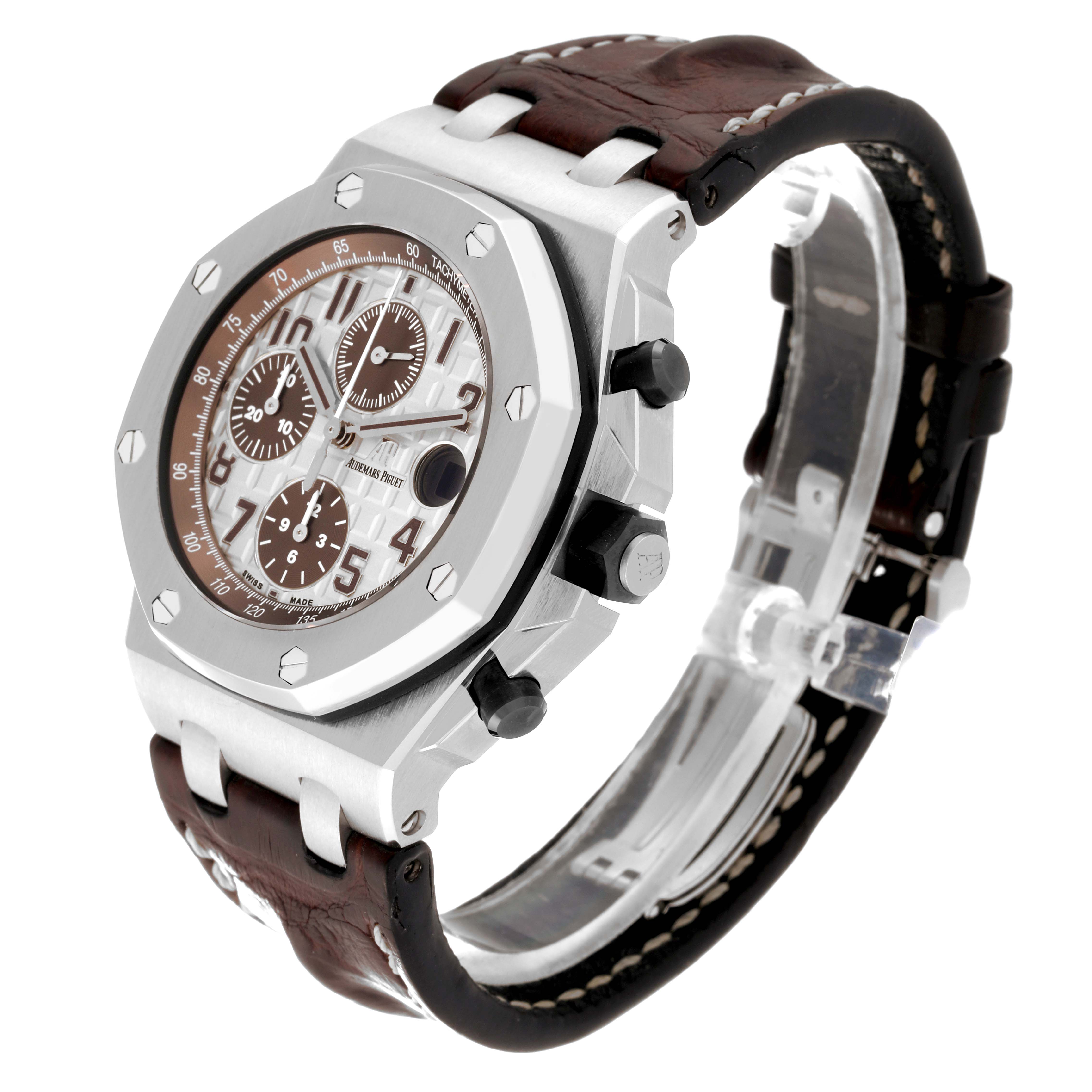 The image shows a side and partial front view of an Audemars Piguet Royal Oak Offshore 26470ST.OO.A801CR.01 Men's Stainless Steel Silver Dial 26470ST.OO.A801CR.01 Men's Stainless Steel Silver Dial model watch with a brown leather strap.