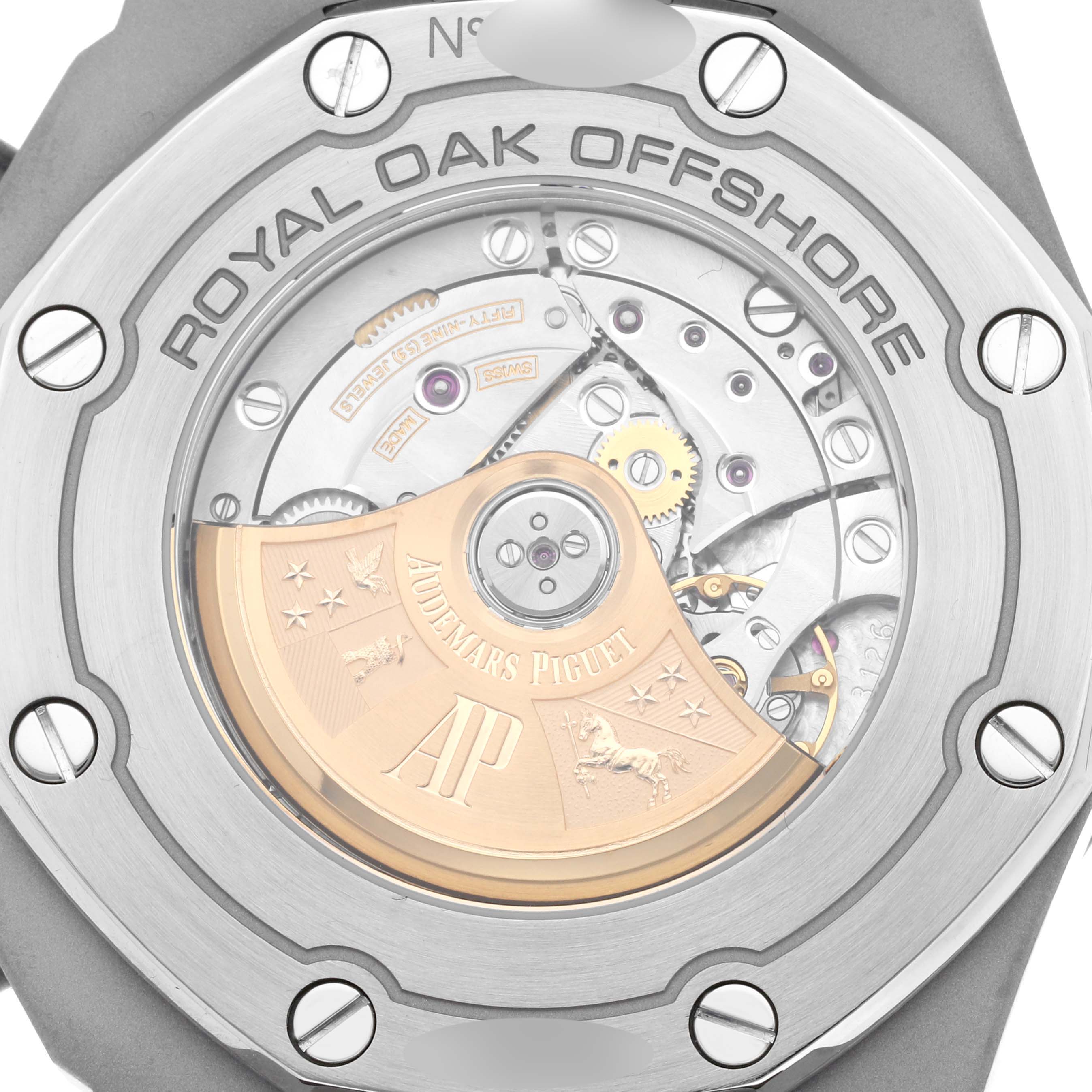 This image shows the caseback of the Audemars Piguet Royal Oak Offshore 26470ST.OO.A801CR.01 Men's Stainless Steel Silver Dial 26470ST.OO.A801CR.01 Men's Stainless Steel Silver Dial watch, highlighting its visible movement and the oscillating weight.
