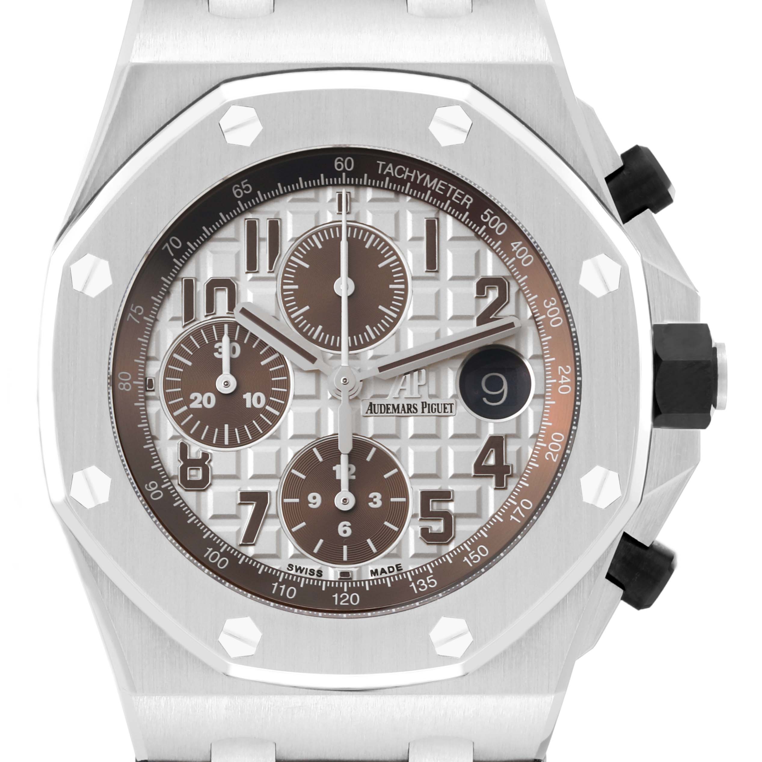 The image shows the front view of the Audemars Piguet Royal Oak Offshore 26470ST.OO.A801CR.01 Men's Stainless Steel Silver Dial 26470ST.OO.A801CR.01 Men's Stainless Steel Silver Dial watch, highlighting its dial, chronograph subdials, and bezel.
