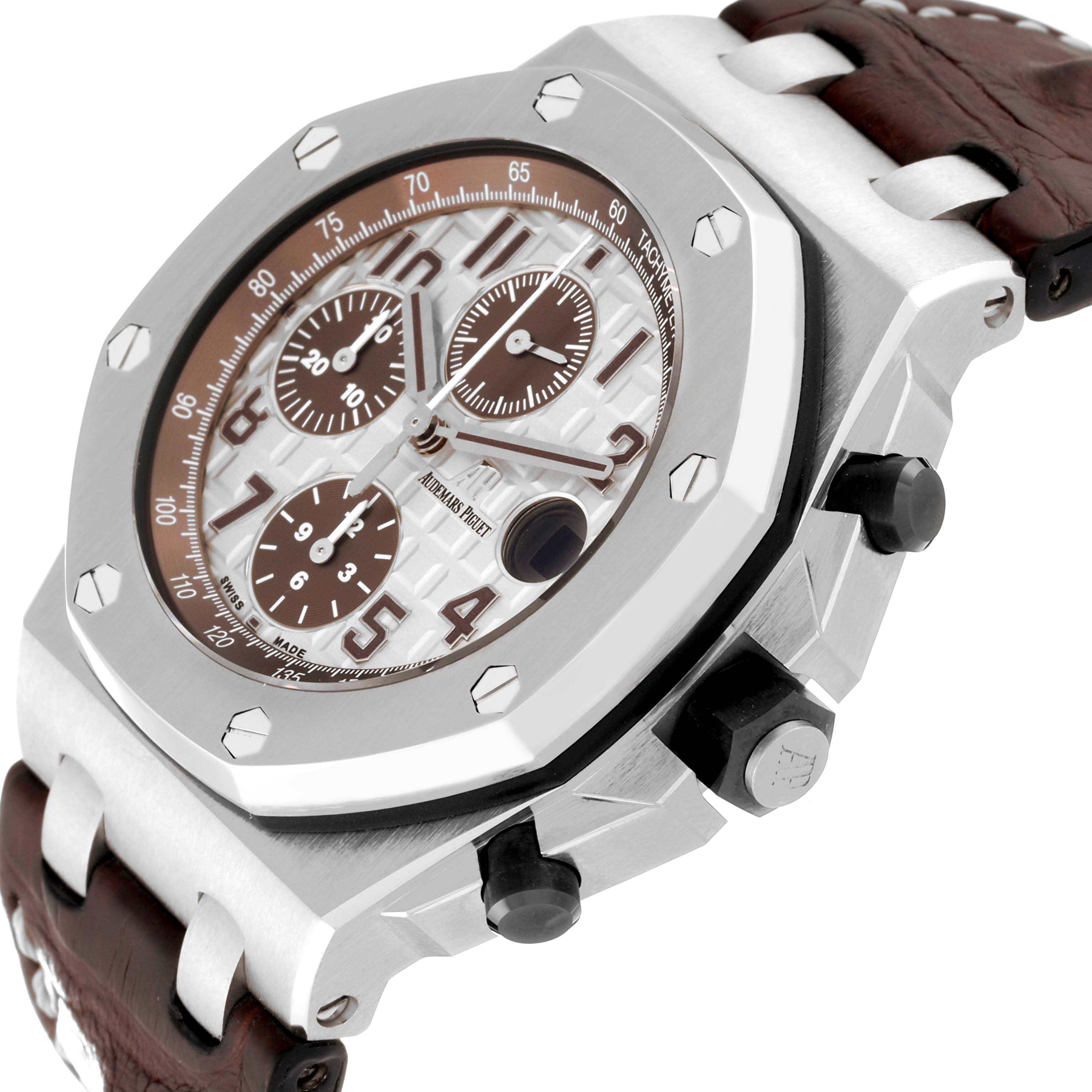 The image shows an angled close-up of the Audemars Piguet Royal Oak Offshore 26470ST.OO.A801CR.01 Men's Stainless Steel Silver Dial 26470ST.OO.A801CR.01 Men's Stainless Steel Silver Dial watch, highlighting its face, bezel, and side buttons.