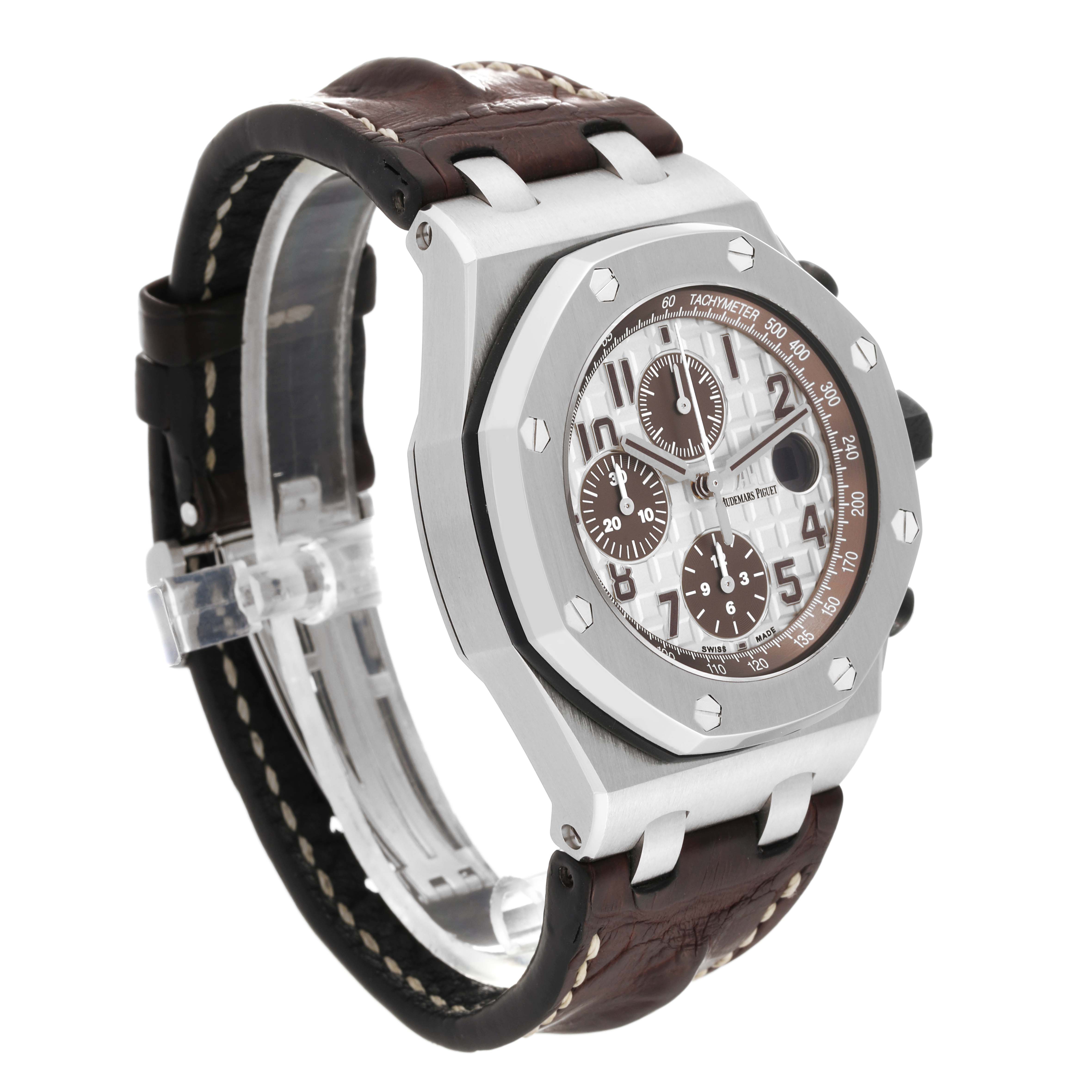 This is a side-angle view of the Audemars Piguet Royal Oak Offshore 26470ST.OO.A801CR.01 Men's Stainless Steel Silver Dial 26470ST.OO.A801CR.01 Men's Stainless Steel Silver Dial watch, highlighting the face, case, and leather strap.