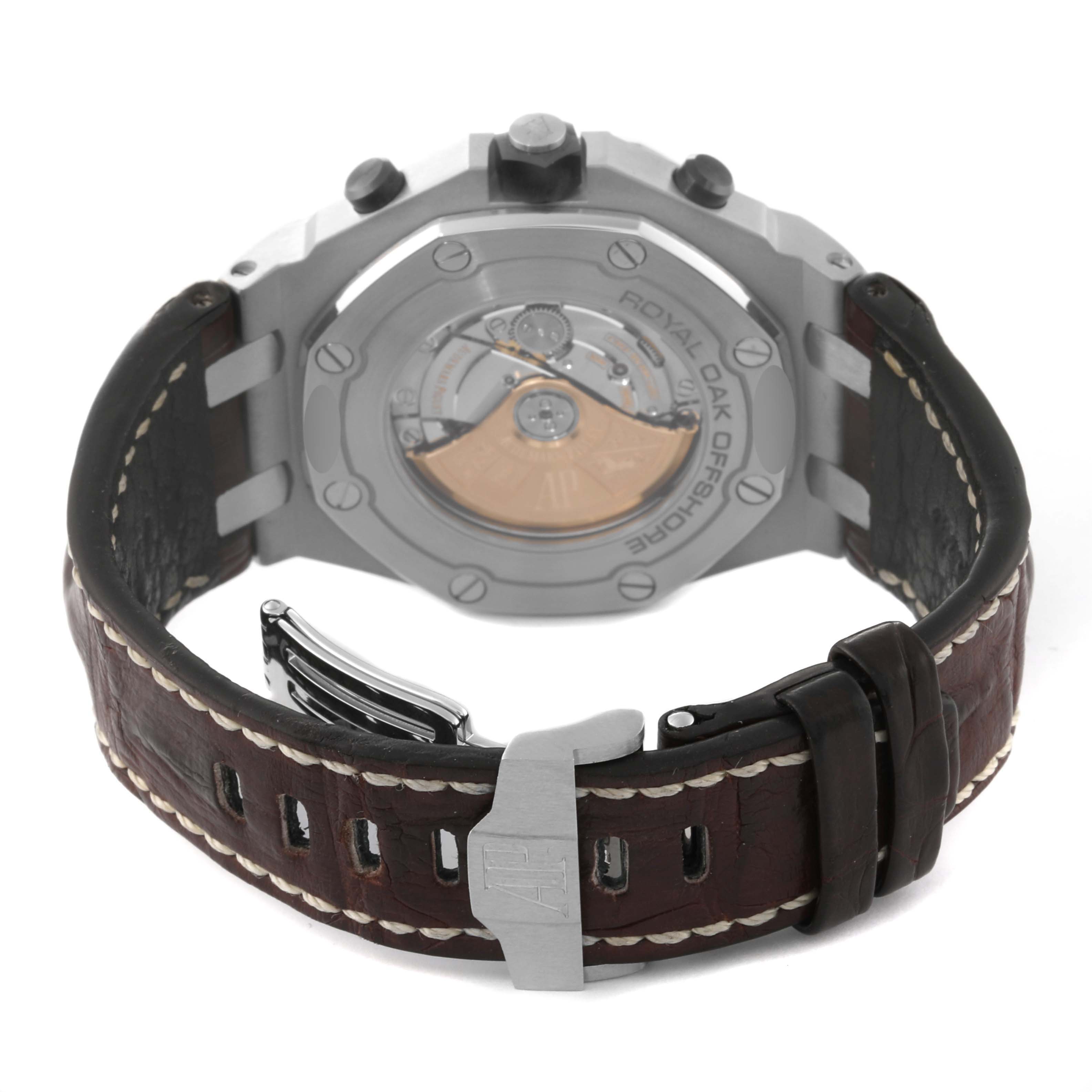 The image shows the back view of an Audemars Piguet Royal Oak Offshore 26470ST.OO.A801CR.01 Men's Stainless Steel Silver Dial 26470ST.OO.A801CR.01 Men's Stainless Steel Silver Dial watch, displaying the case back, movement, and leather strap.