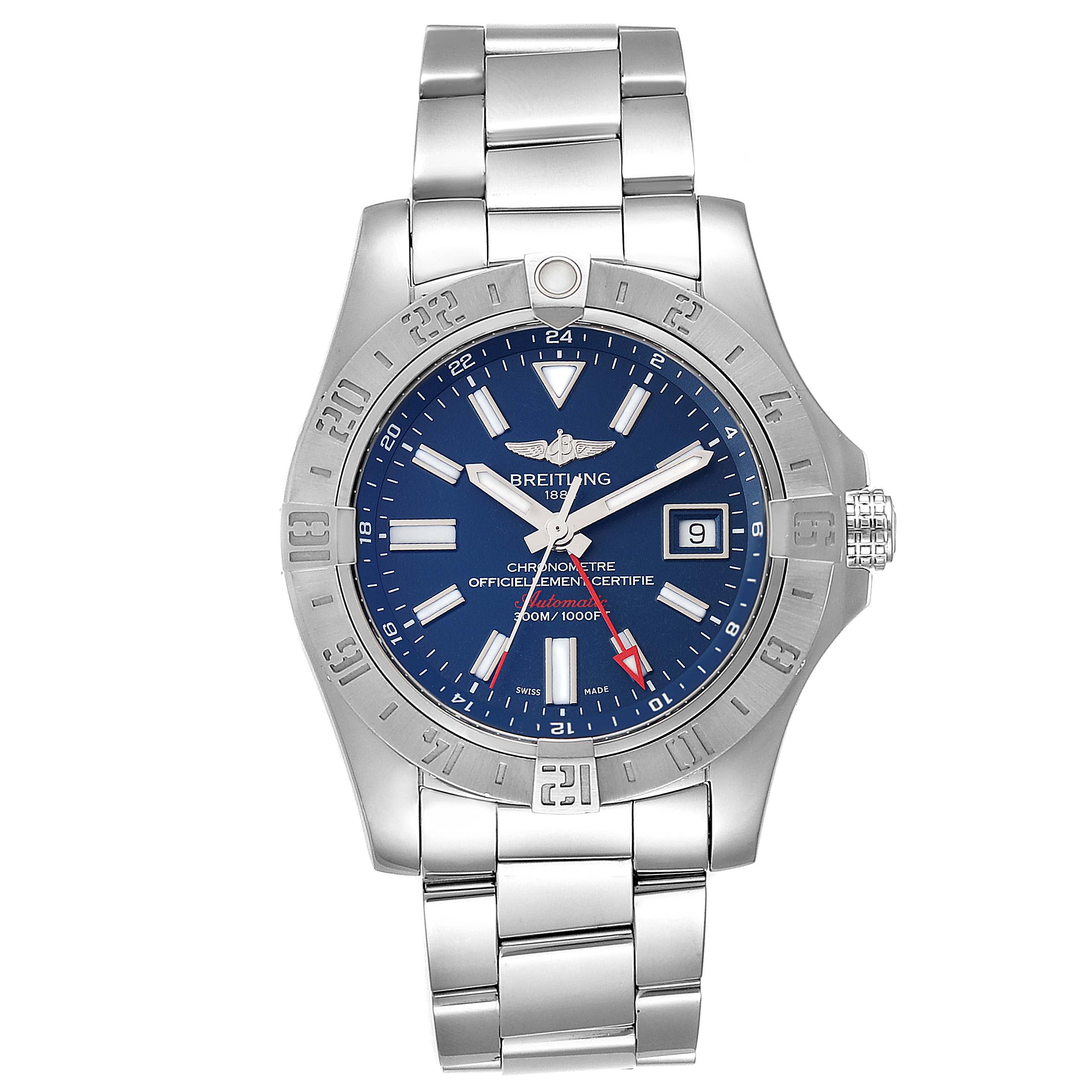 The image shows a front view of a Breitling Avenger A3239011-C872-170A Men's Stainless Steel Blue Dial A3239011-C872-170A Men's Stainless Steel Blue Dial watch featuring its blue dial, luminous hands, stainless steel bracelet, and date display.