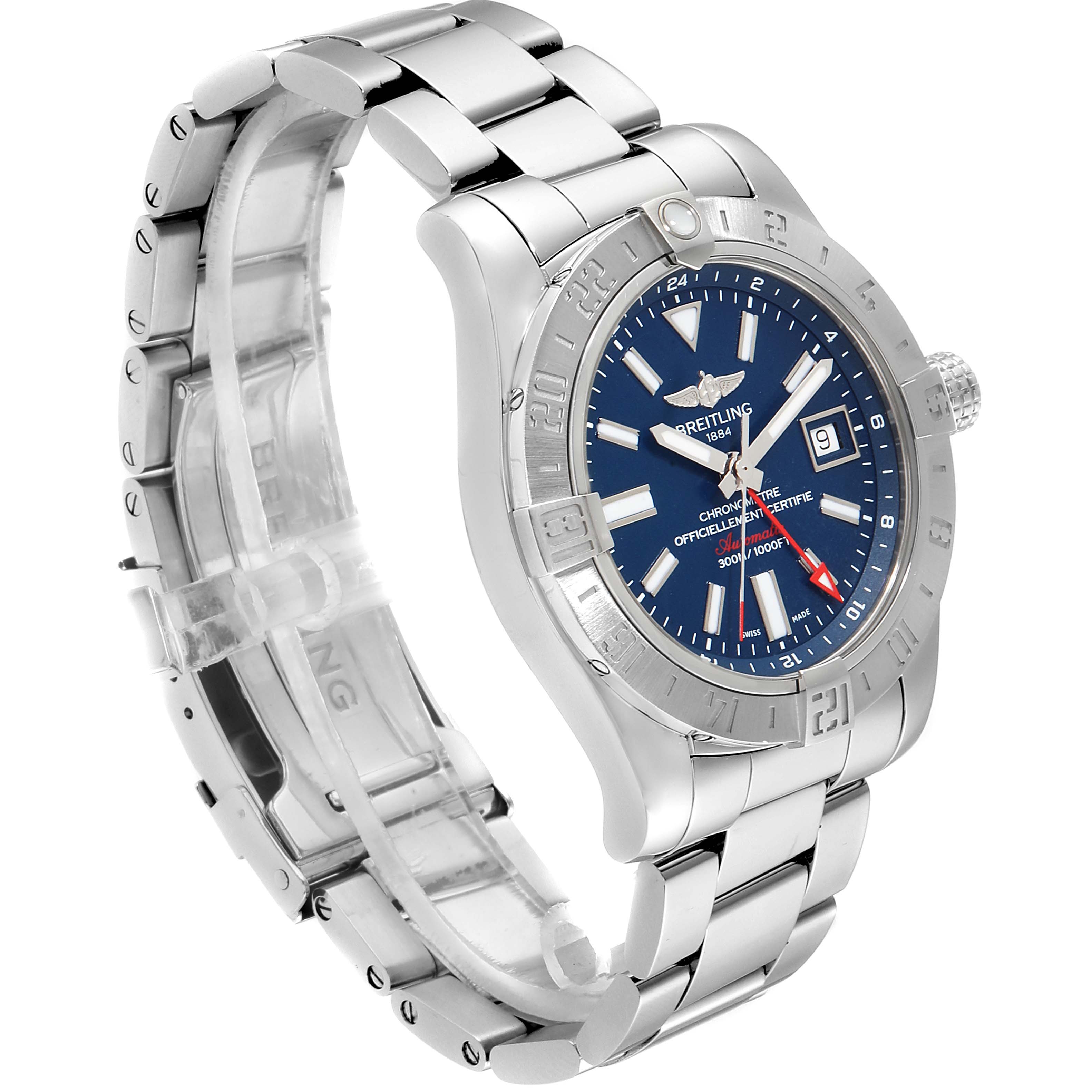 The image shows a side-angle view of a Breitling Avenger A3239011-C872-170A Men's Stainless Steel Blue Dial A3239011-C872-170A Men's Stainless Steel Blue Dial watch, highlighting its stainless steel bracelet, bezel, and blue dial.