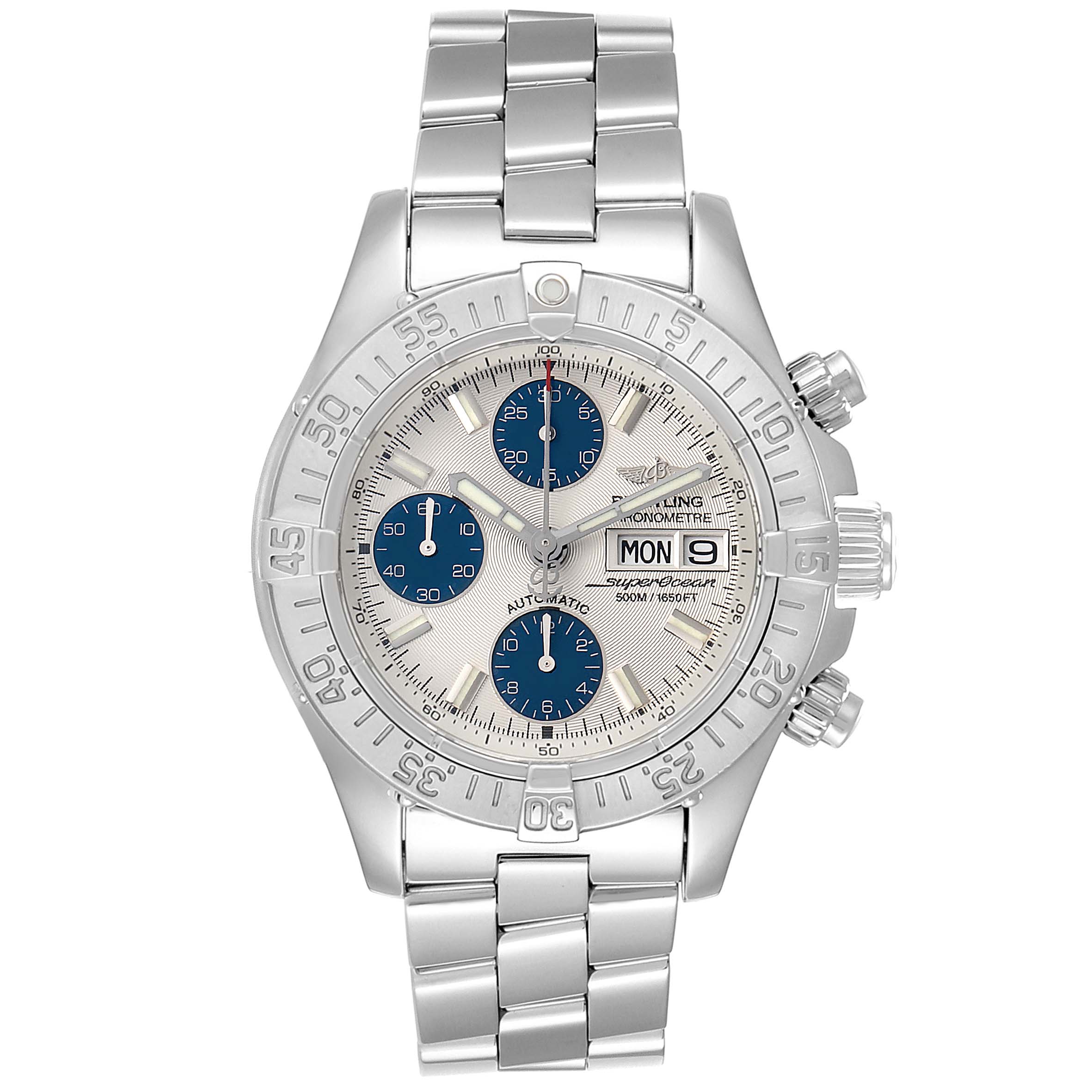 This image shows a Breitling Superocean A13340 Men's Stainless Steel Beige Dial A13340 Men's Stainless Steel Beige Dial watch, front view, displaying its face, bezel, crown, pushers, and metal bracelet.