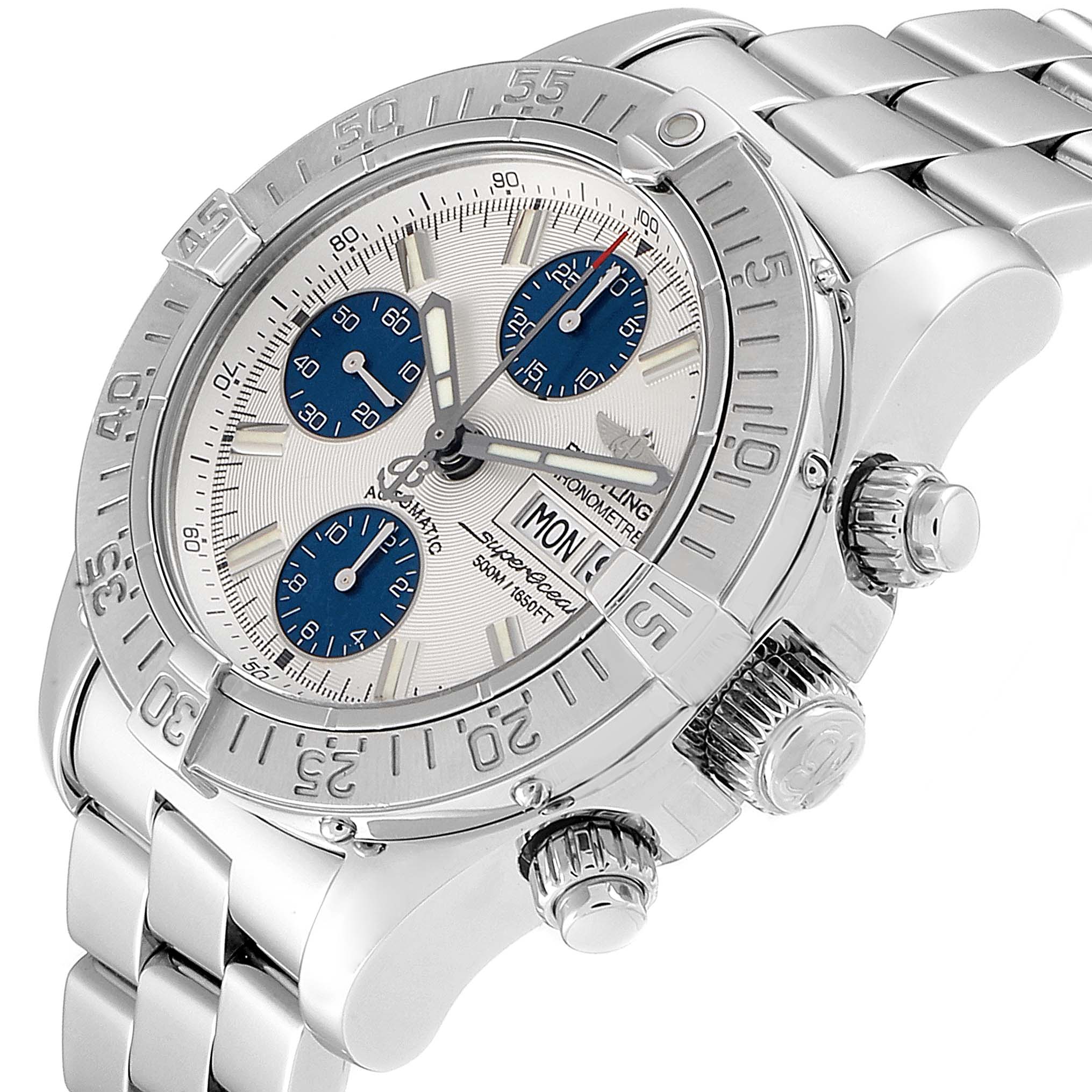 The image shows the Breitling Superocean A13340 Men's Stainless Steel Beige Dial A13340 Men's Stainless Steel Beige Dial watch at an angled close-up, highlighting its face, bezel, and chronograph buttons.