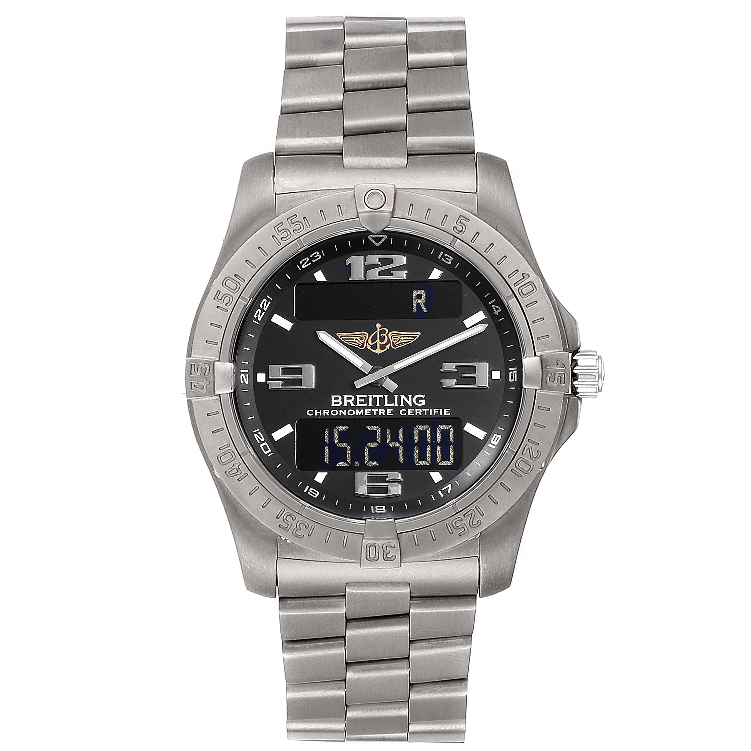 This image shows a front view of the Breitling Superocean E7936210 Men's Titanium Grey Dial E7936210 Men's Titanium Grey Dial model watch, including the face, bezel, and metal bracelet.