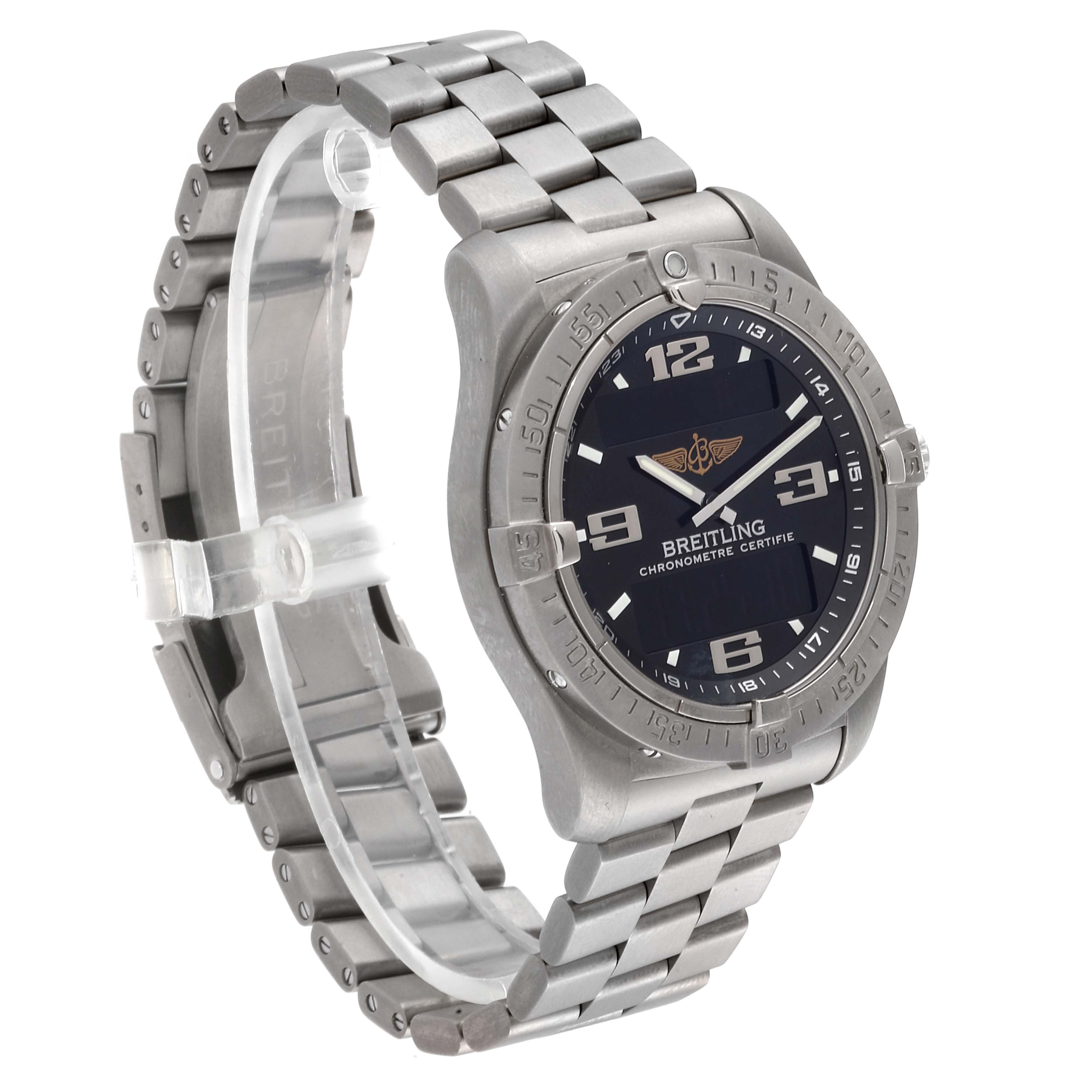 The image shows a Breitling Superocean E7936210 Men's Titanium Grey Dial E7936210 Men's Titanium Grey Dial watch at a slightly angled side view, highlighting its face, bezel, and metal bracelet.