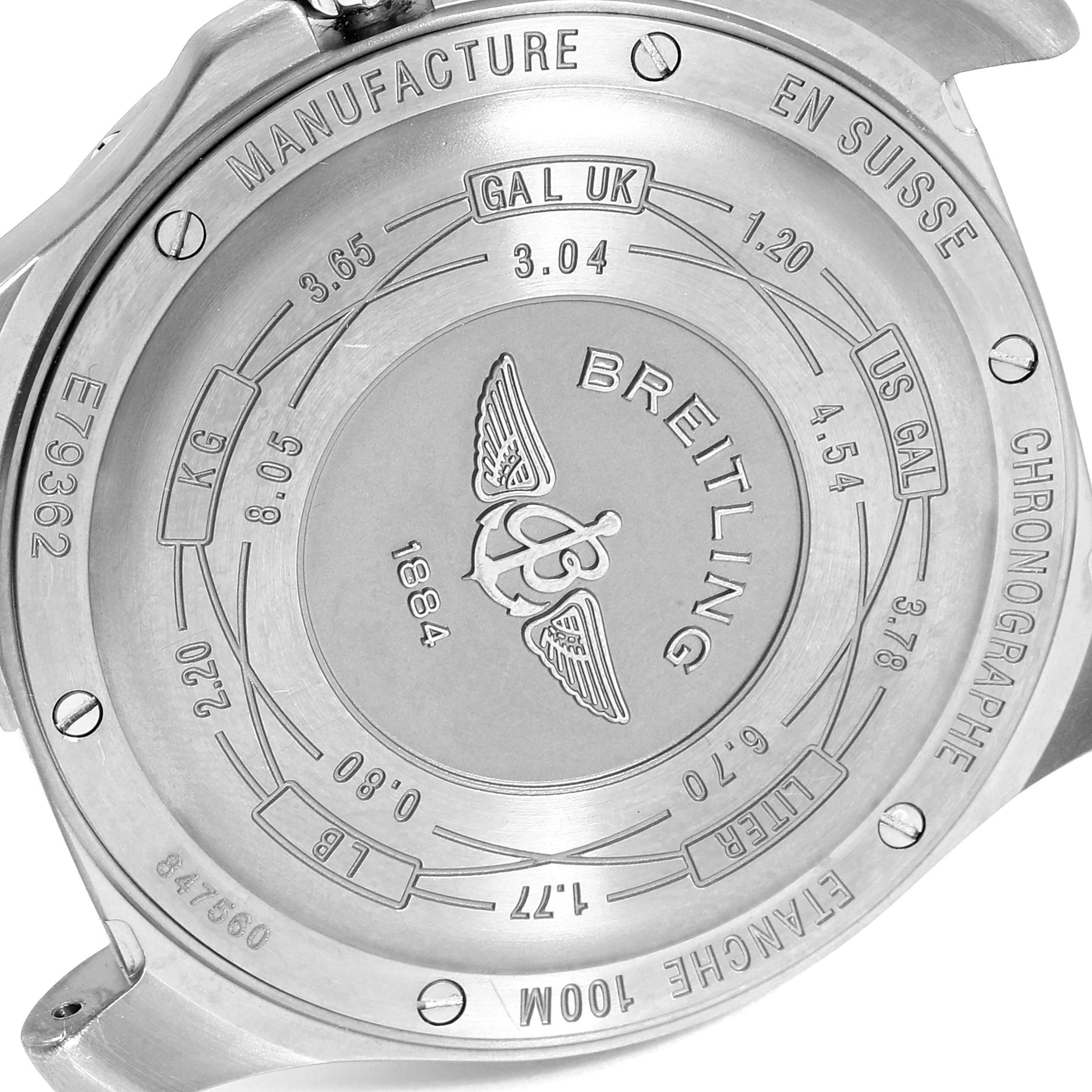The image shows the back of a Breitling Superocean E7936210 Men's Titanium Grey Dial E7936210 Men's Titanium Grey Dial watch, displaying markings, engravings, and specifications.