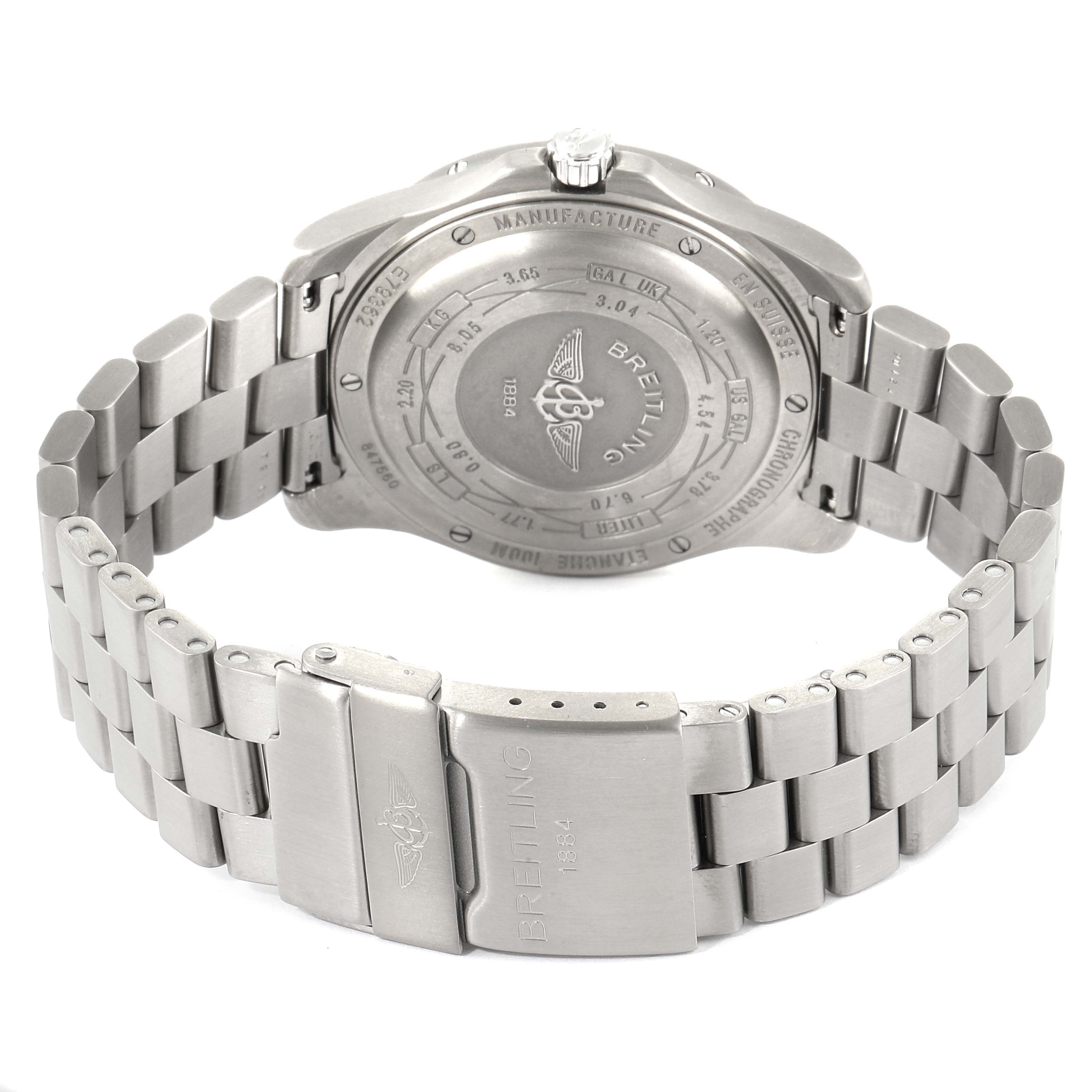 The image shows the back case and bracelet of a Breitling Superocean E7936210 Men's Titanium Grey Dial E7936210 Men's Titanium Grey Dial watch at an angled view.