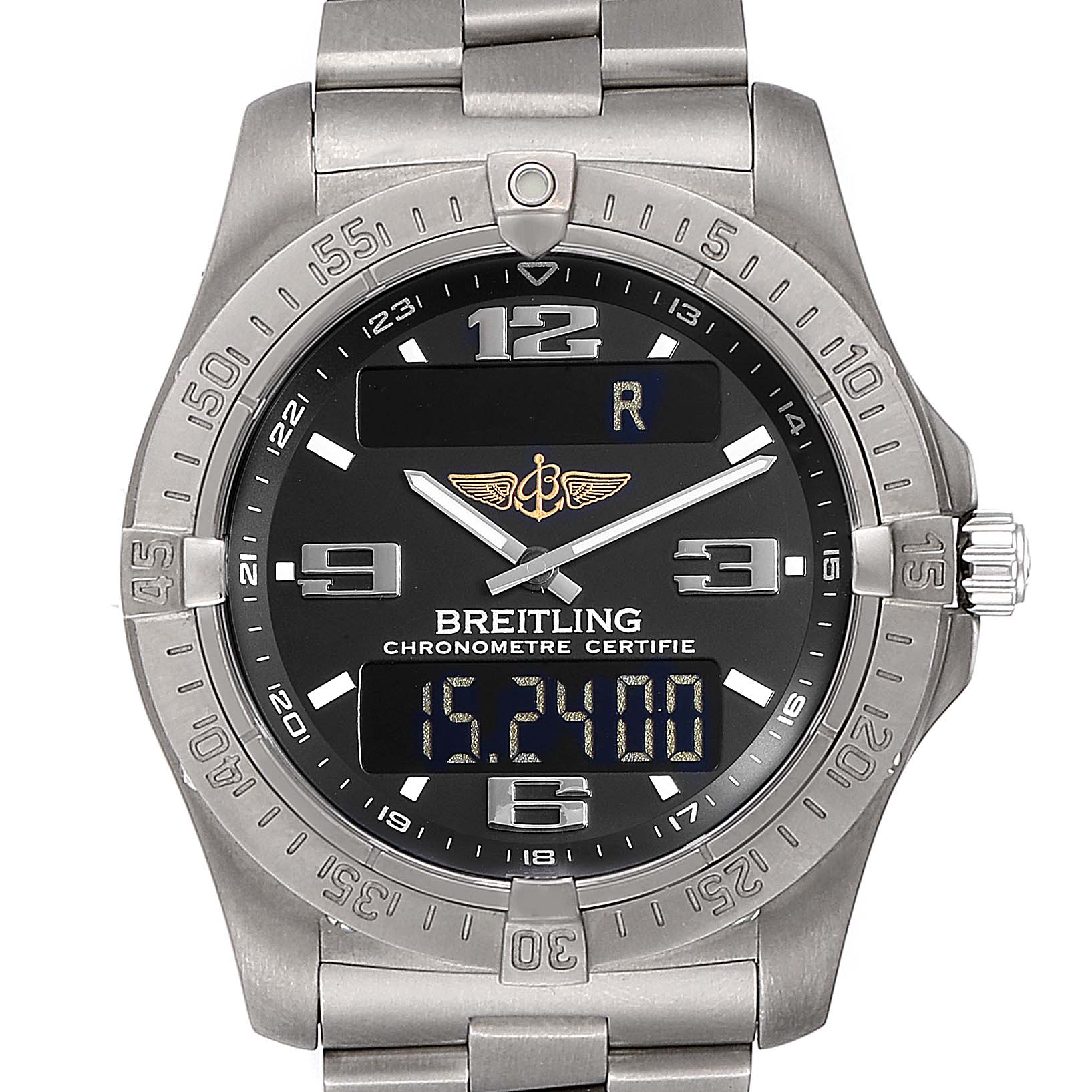 This image shows a front view of the Breitling Superocean E7936210 Men's Titanium Grey Dial E7936210 Men's Titanium Grey Dial watch, displaying the face, bezel, and a portion of the bracelet.