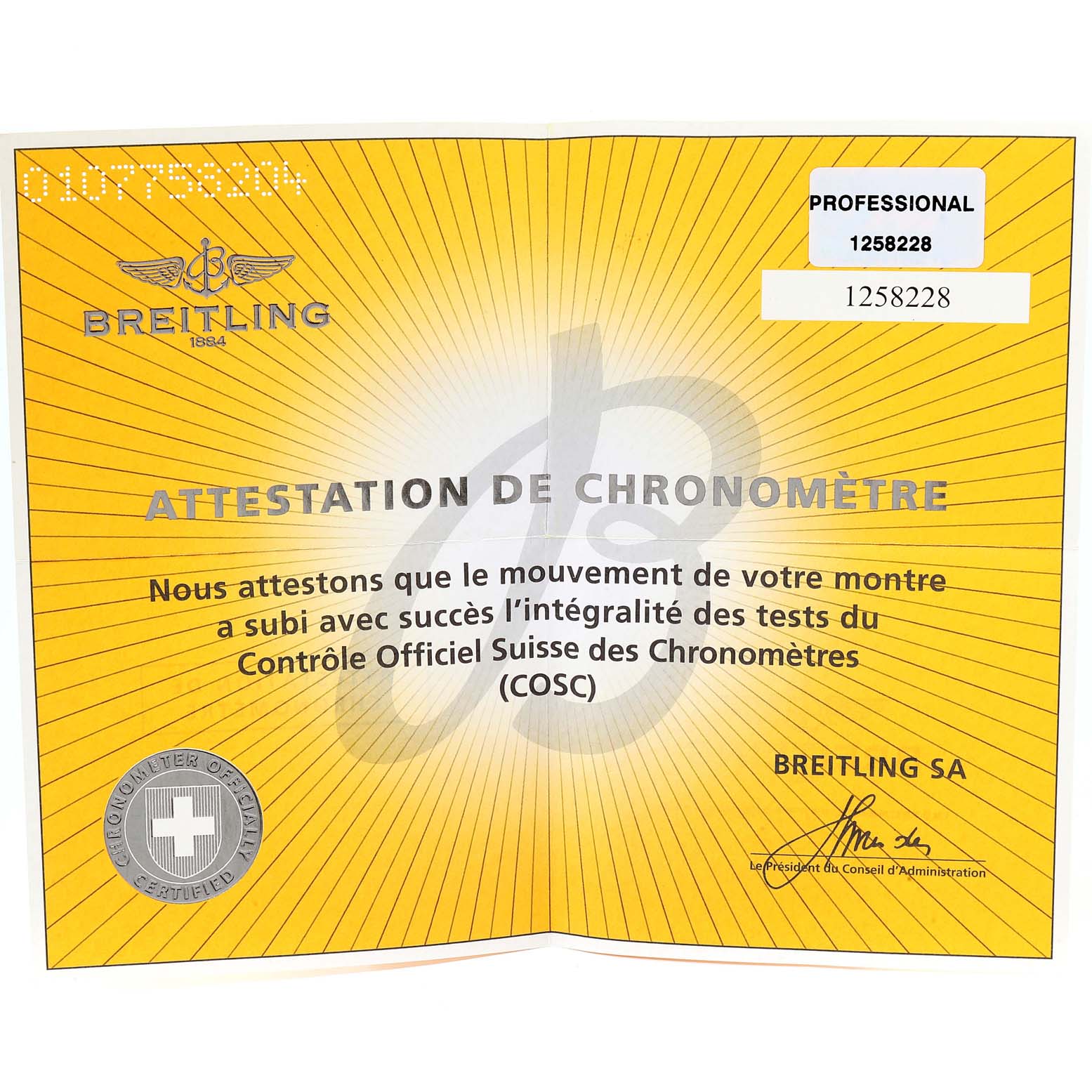 The image shows the official COSC chronometer certification for a Breitling Superocean E7936210 Men's Titanium Grey Dial E7936210 Men's Titanium Grey Dial watch.