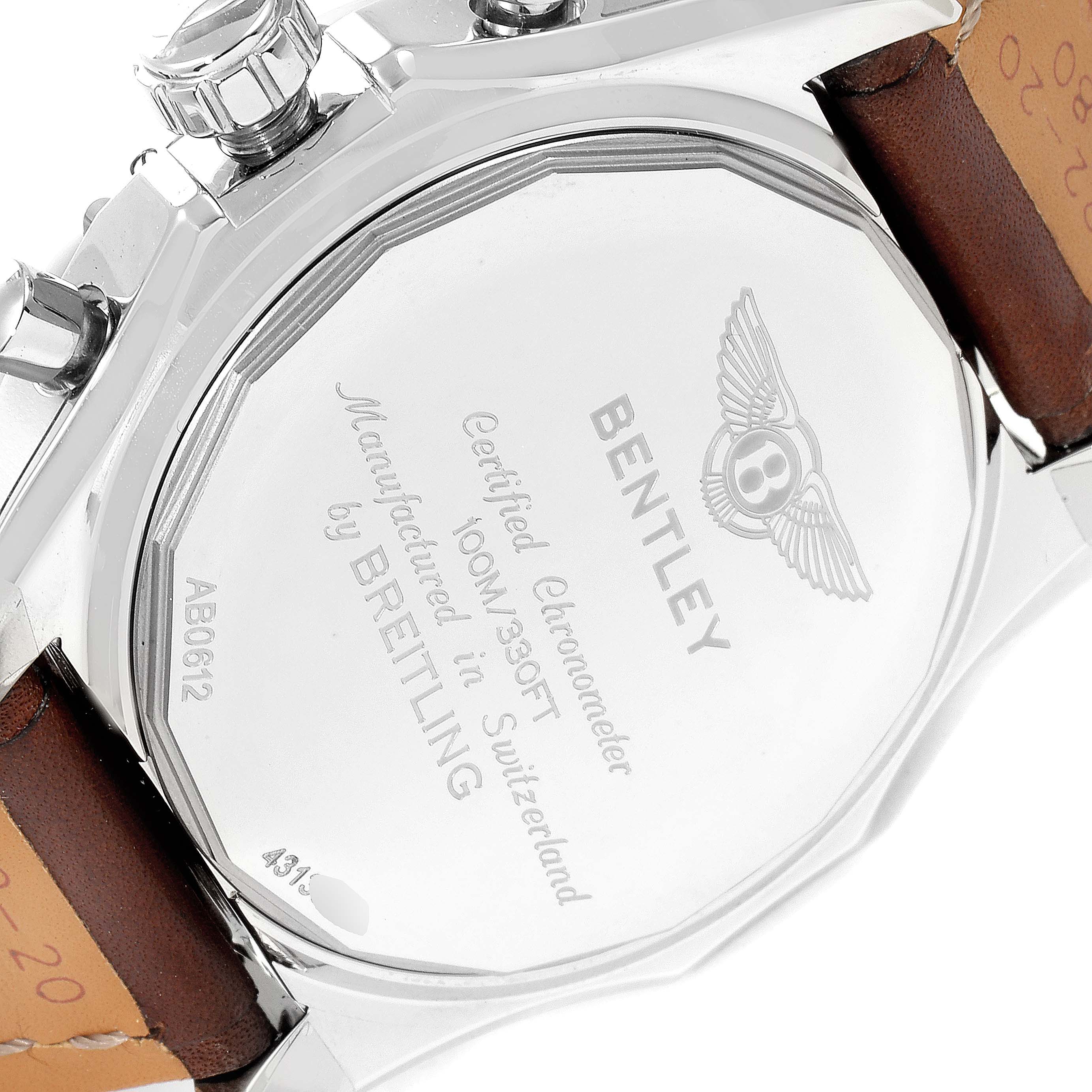 The image shows the back of the Bentley model by Breitling, displaying the brand's logo and specifications, attached to a leather strap.