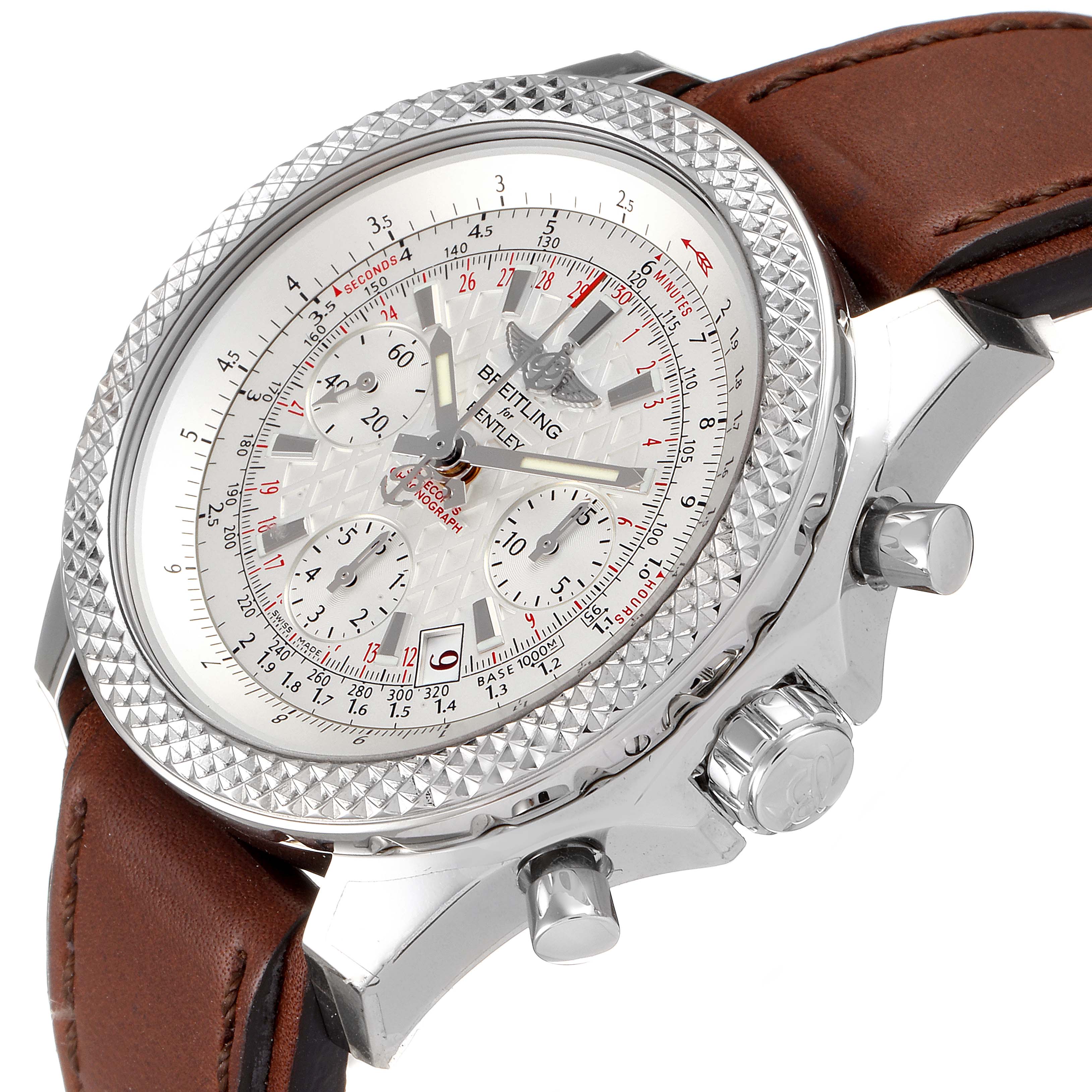 The Bentley model by Breitling is shown at an angle displaying the dial, crown, pushers, and leather strap.