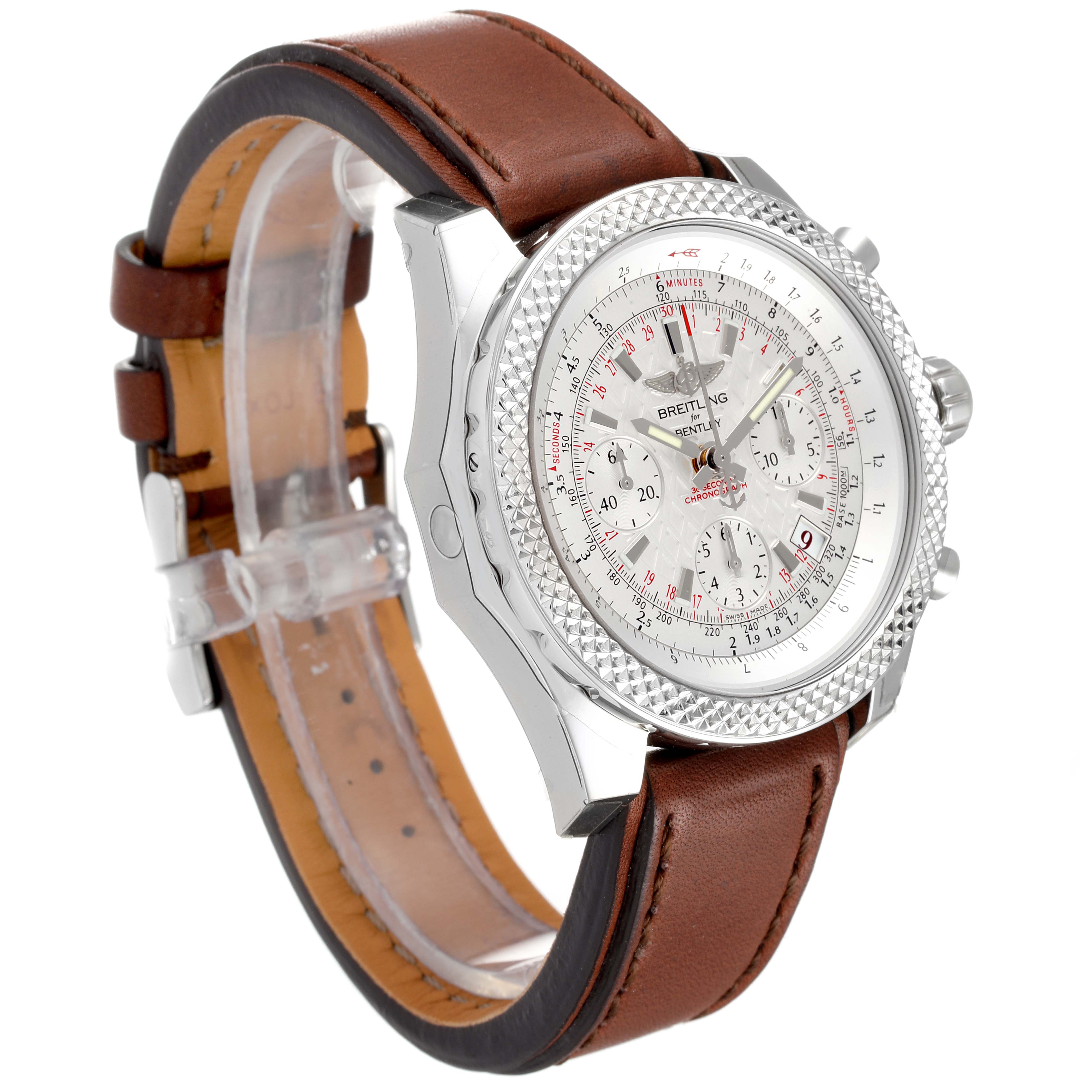 The image shows the Breitling Bentley AB0521U0/A768/789P/A20BA.1 Men's Stainless Steel Silver Dial AB0521U0/A768/789P/A20BA.1 Men's Stainless Steel Silver Dial watch at a slight side angle, featuring its face, bezel, crown, and leather strap.