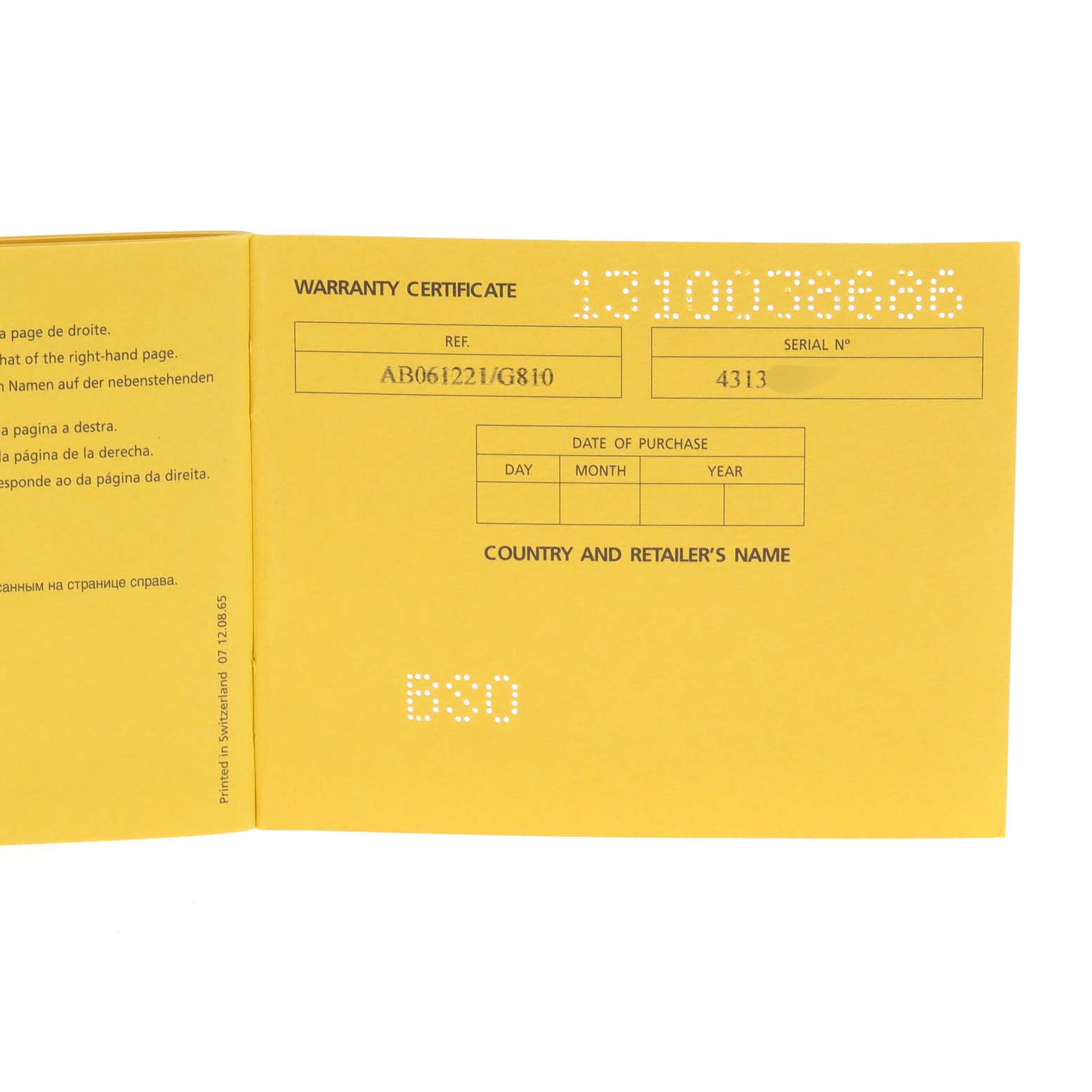 The image shows the warranty certificate for a Breitling Bentley AB0521U0/A768/789P/A20BA.1 Men's Stainless Steel Silver Dial AB0521U0/A768/789P/A20BA.1 Men's Stainless Steel Silver Dial model watch, displaying the reference number, serial number, and purchase details section.