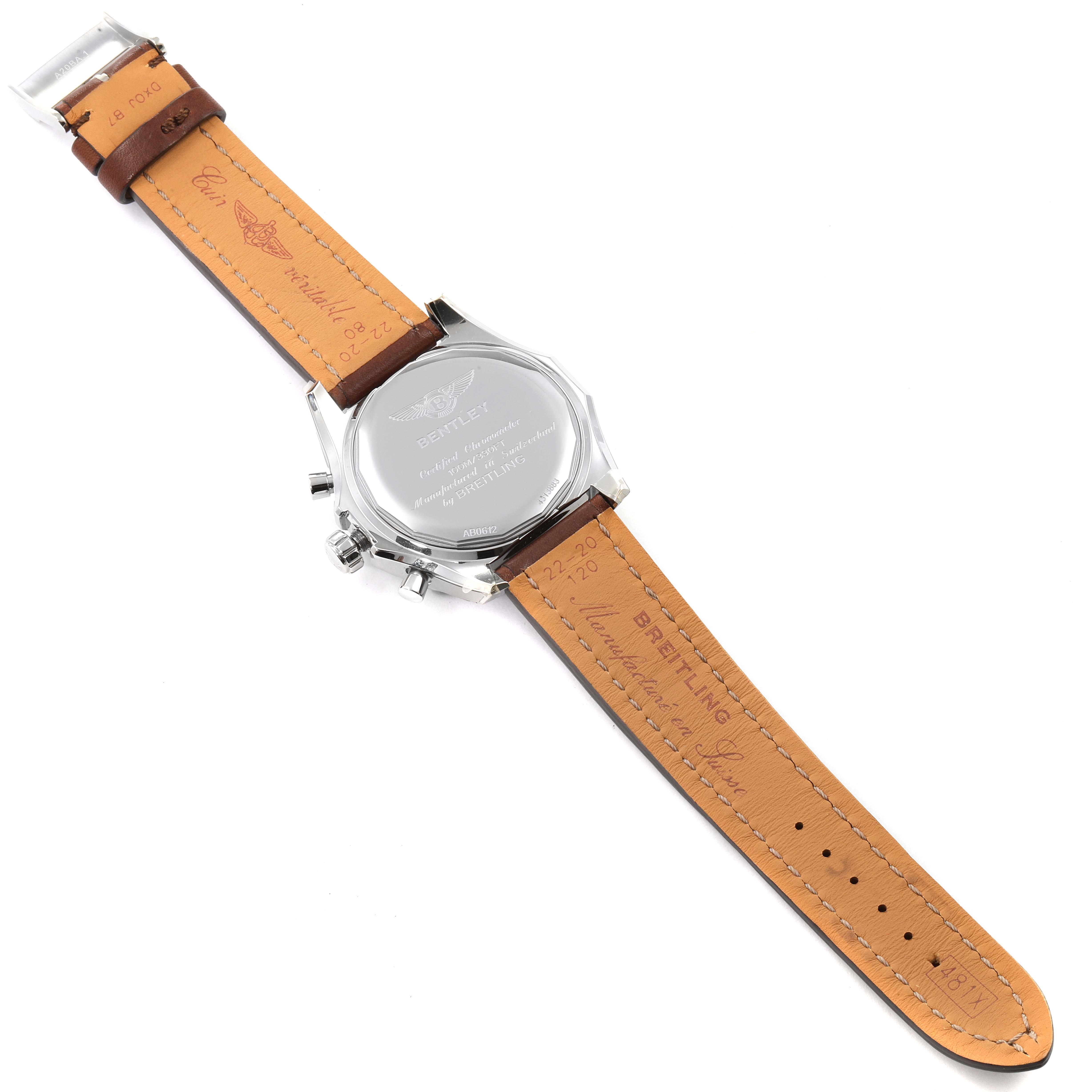 The image shows the back case and leather strap of a Breitling Bentley AB0521U0/A768/789P/A20BA.1 Men's Stainless Steel Silver Dial AB0521U0/A768/789P/A20BA.1 Men's Stainless Steel Silver Dial watch, with the watch positioned face down.