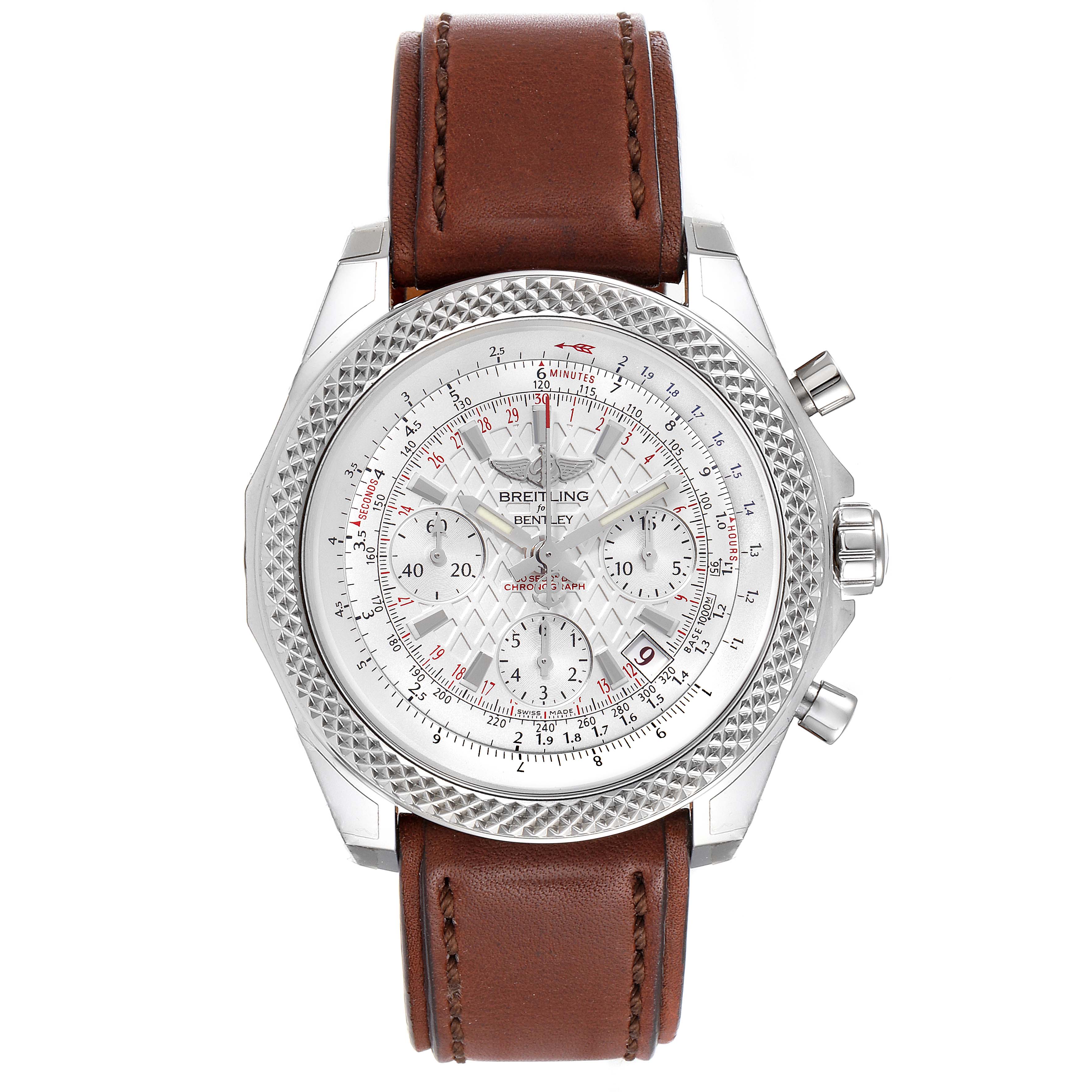 This image shows the front view of a Breitling Bentley AB0521U0/A768/789P/A20BA.1 Men's Stainless Steel Silver Dial AB0521U0/A768/789P/A20BA.1 Men's Stainless Steel Silver Dial watch, featuring the face, bezel, and brown leather strap.