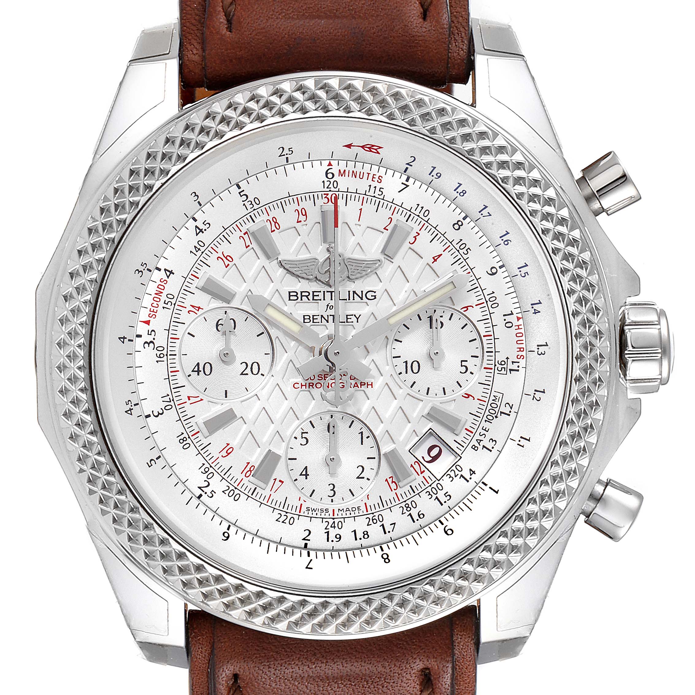 The image shows a frontal view of the Breitling Bentley AB0521U0/A768/789P/A20BA.1 Men's Stainless Steel Silver Dial AB0521U0/A768/789P/A20BA.1 Men's Stainless Steel Silver Dial watch with its leather strap, bezel, and detailed chronograph dial.