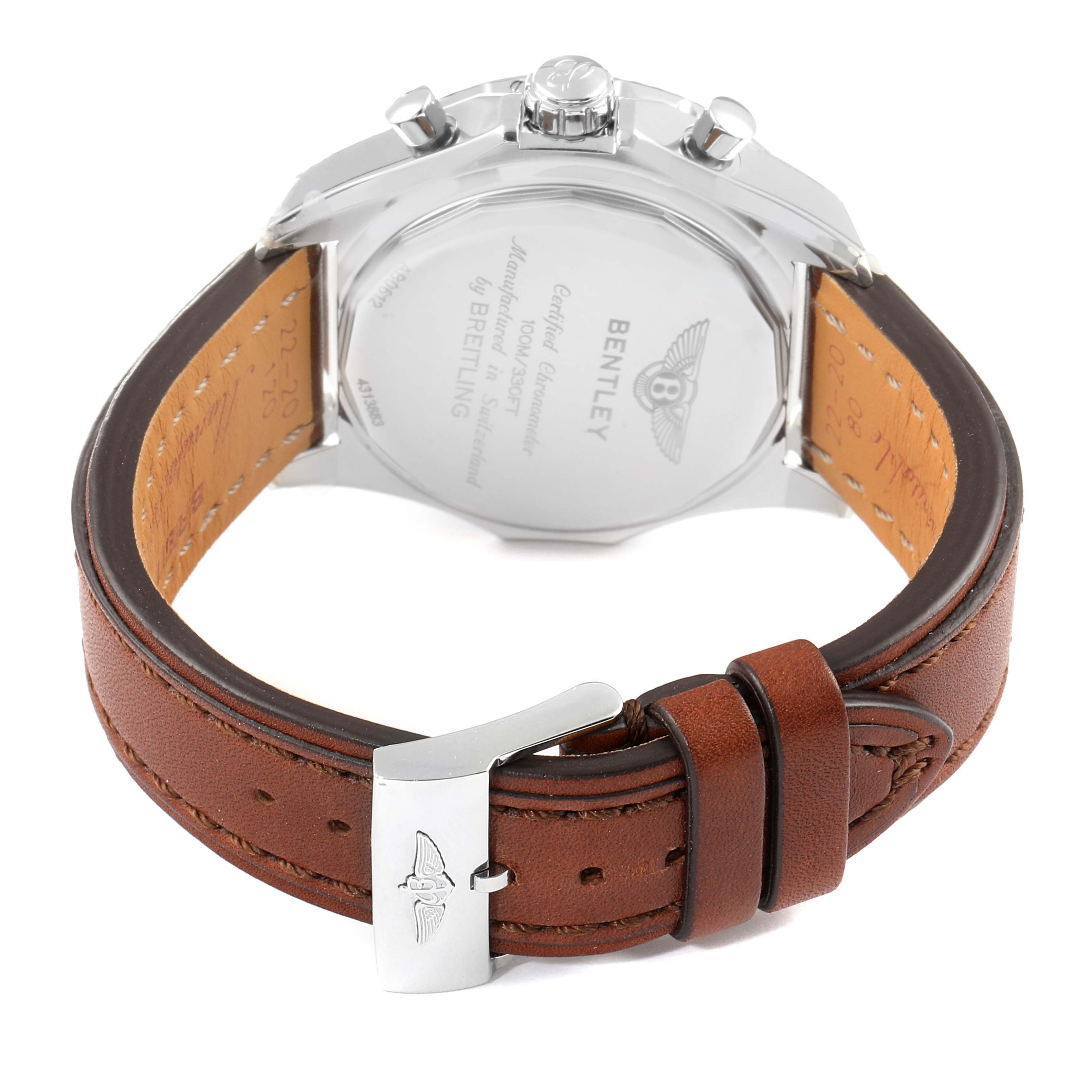 The image shows the back case and leather strap of the Breitling Bentley AB0521U0/A768/789P/A20BA.1 Men's Stainless Steel Silver Dial AB0521U0/A768/789P/A20BA.1 Men's Stainless Steel Silver Dial model watch.