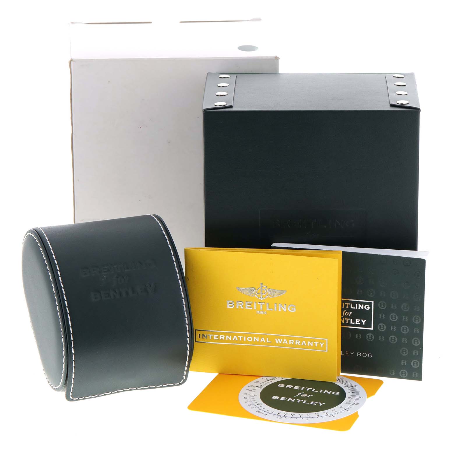 This image shows the packaging and accessories for a Breitling Bentley AB0521U0/A768/789P/A20BA.1 Men's Stainless Steel Silver Dial AB0521U0/A768/789P/A20BA.1 Men's Stainless Steel Silver Dial watch, including boxes and warranty cards.