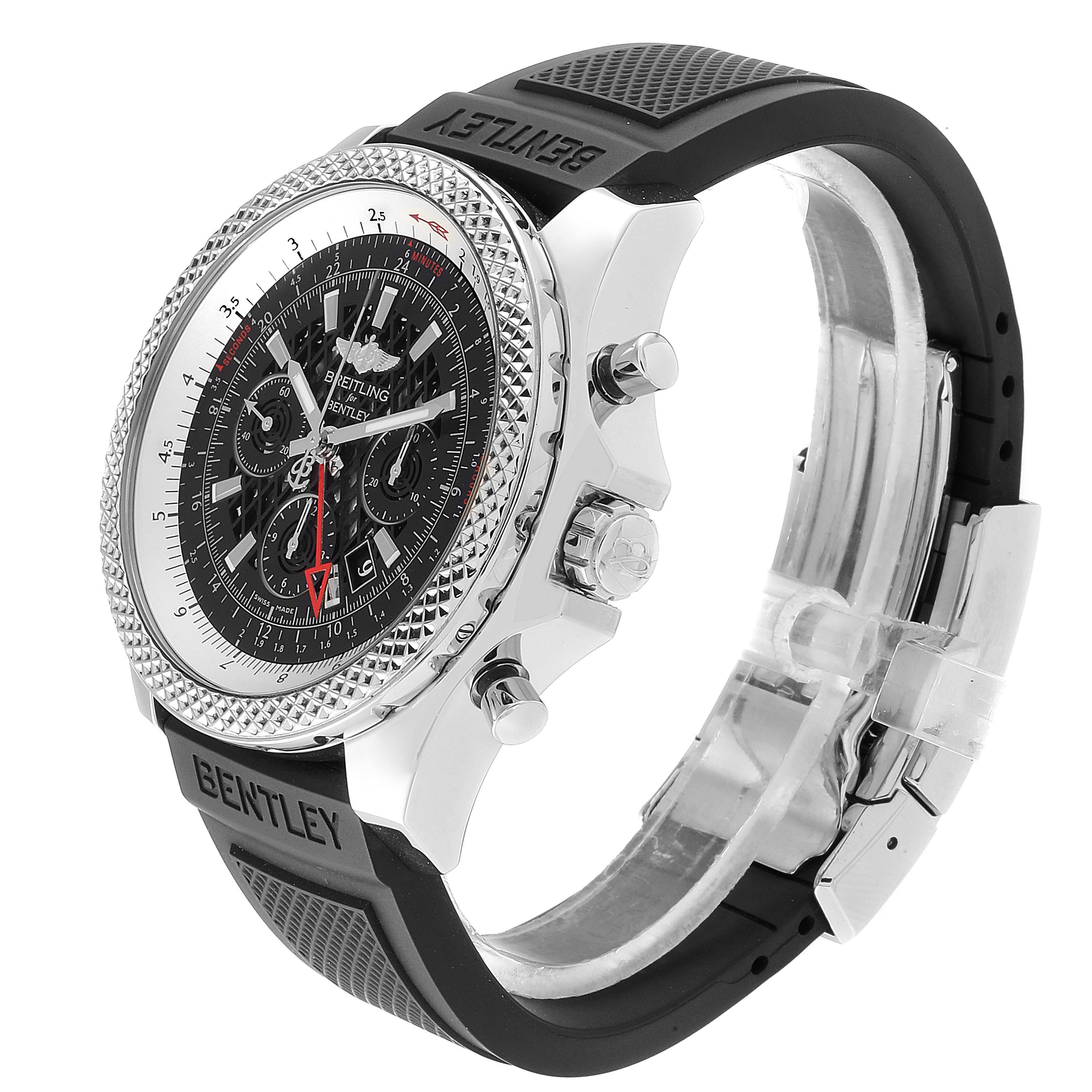 The image shows a side angle of the Breitling Bentley AB043112/BC69-155S Men's Stainless Steel Black Dial AB043112/BC69-155S Men's Stainless Steel Black Dial model watch, highlighting its face, bezel, and strap.