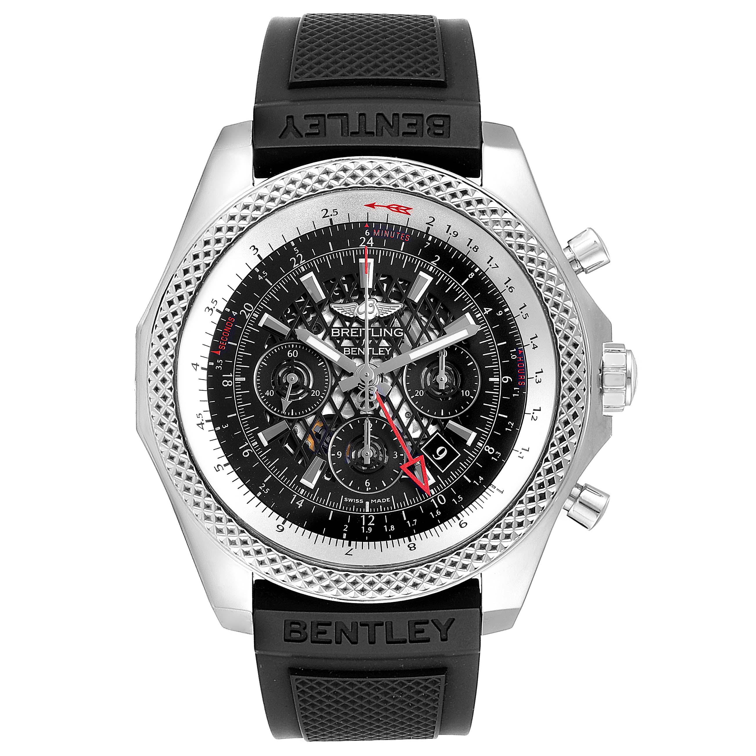 The Breitling Bentley AB043112/BC69-155S Men's Stainless Steel Black Dial AB043112/BC69-155S Men's Stainless Steel Black Dial watch is shown from a top-down angle, displaying the dial, strap, and crown.
