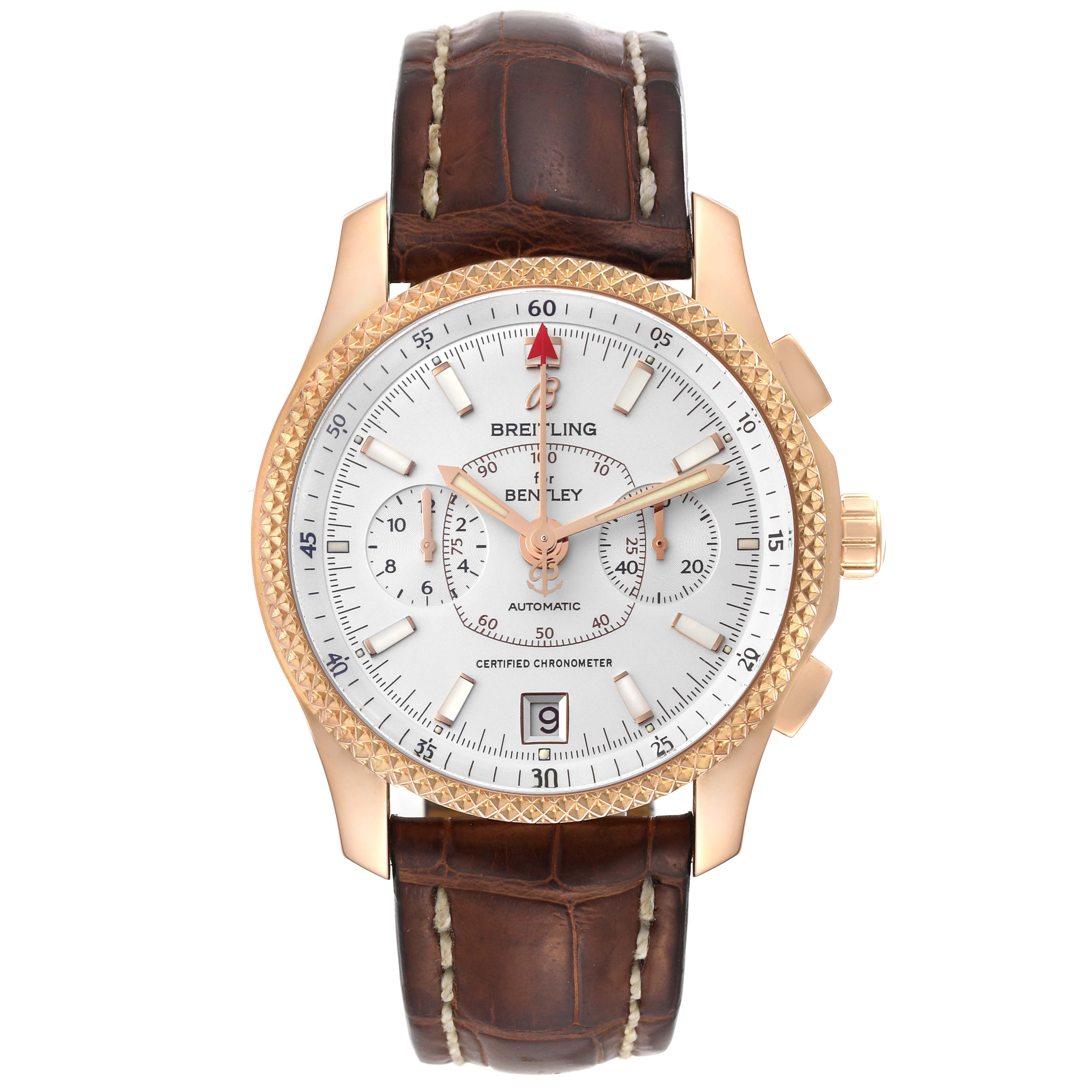 This image shows a front view of the Breitling Bentley R26362 Men's Rose Gold Silver Dial R26362 Men's Rose Gold Silver Dial Limited Series watch with a brown leather strap and gold casing.