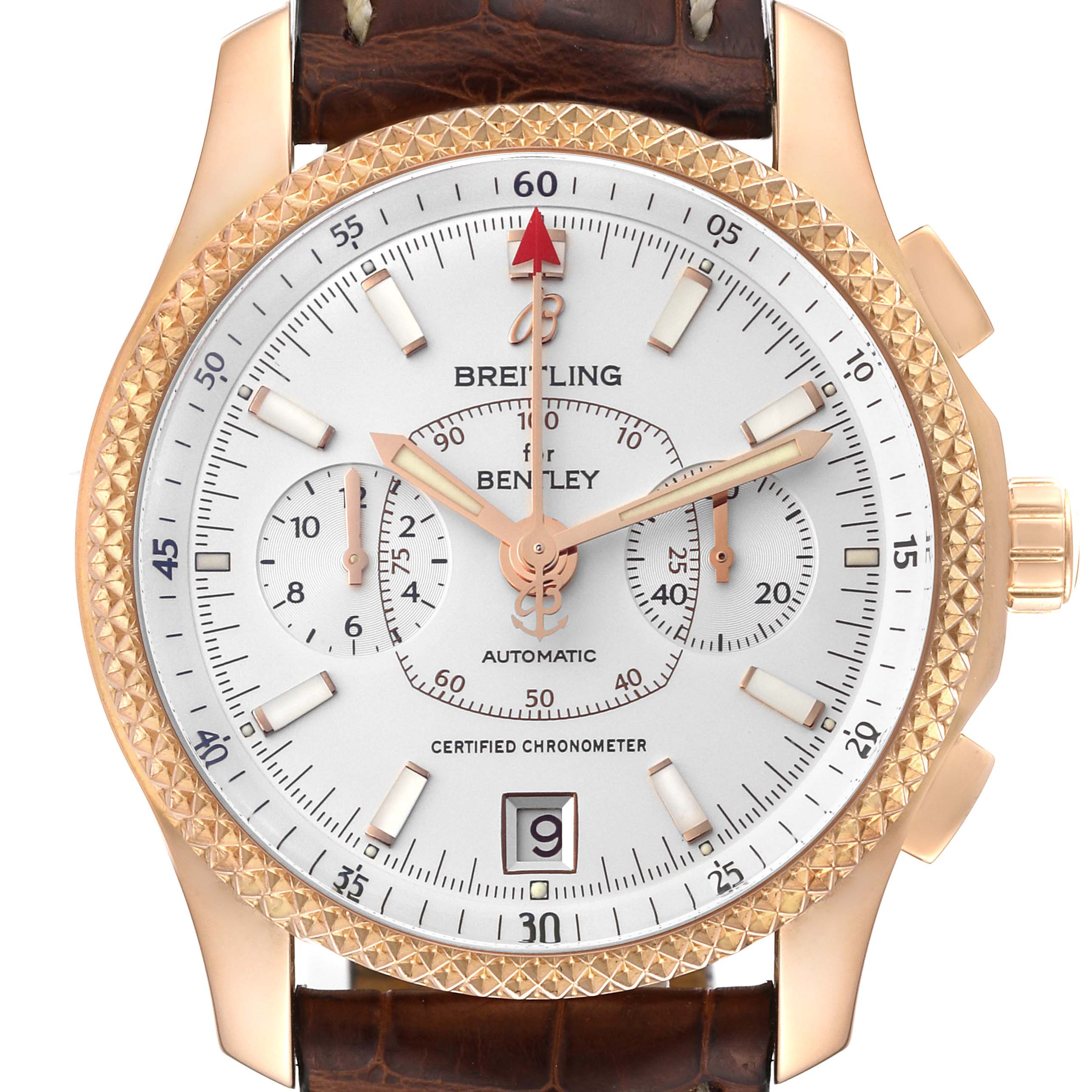 This is a close-up of the Breitling Bentley R26362 Men's Rose Gold Silver Dial R26362 Men's Rose Gold Silver Dial watch showing its dial, bezel, subdials, and crown.