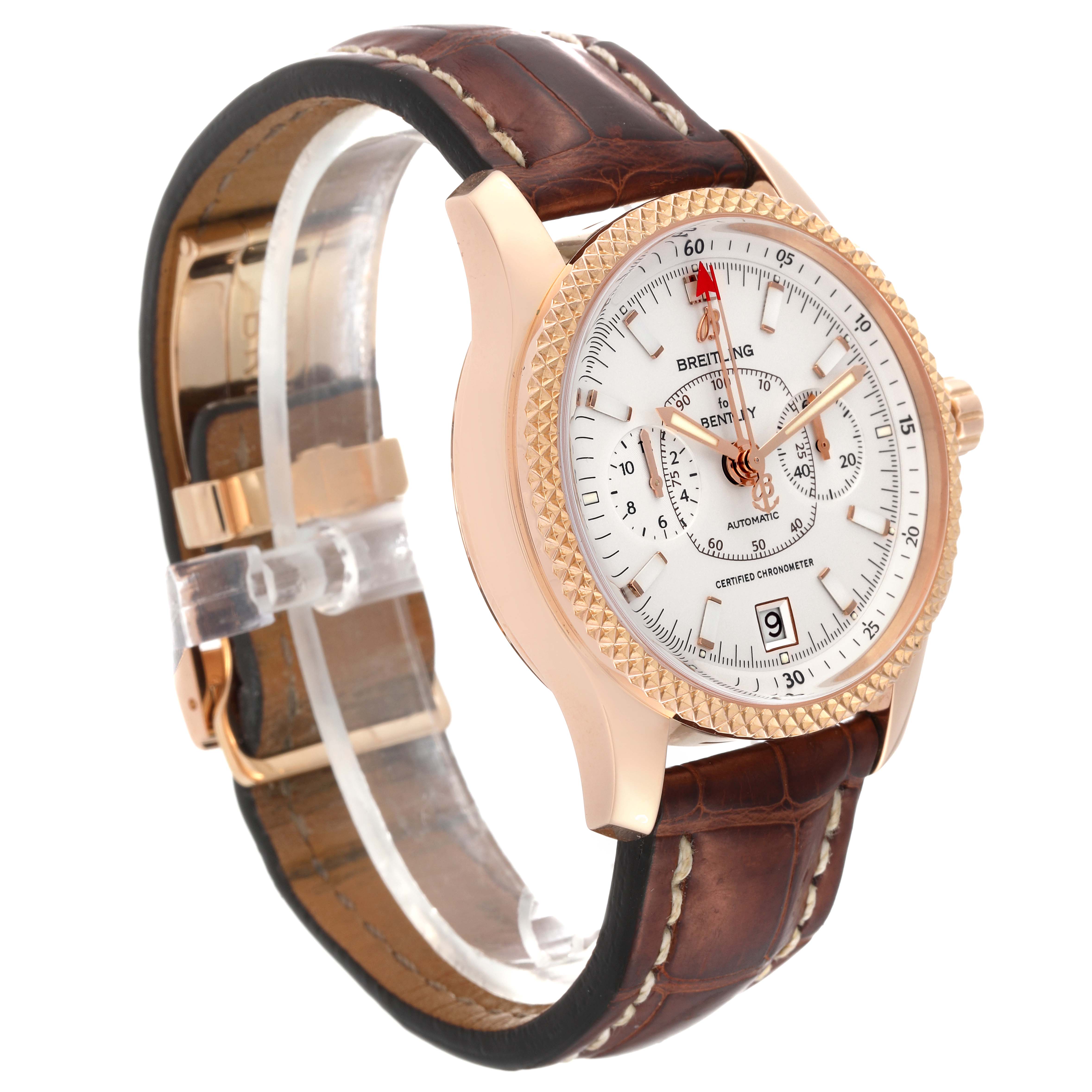 The image shows a side angle of the Breitling Limited Series watch, revealing the face, bezel, and leather strap.