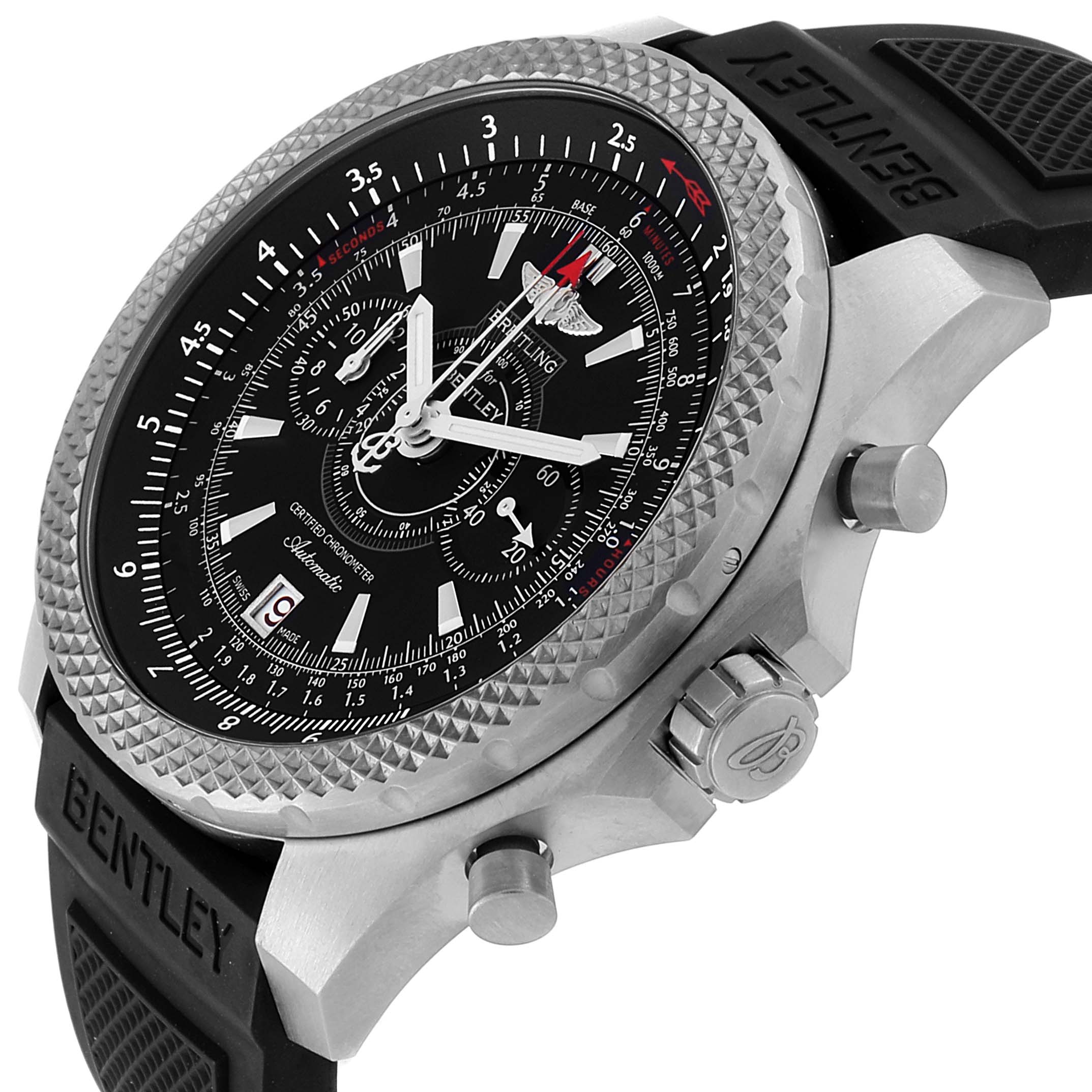 This Breitling Bentley E27365 Men's Titanium Black Dial E27365 Men's Titanium Black Dial watch is shown at a slight angle, displaying its face, bezel, crown, pushers, and part of its strap.