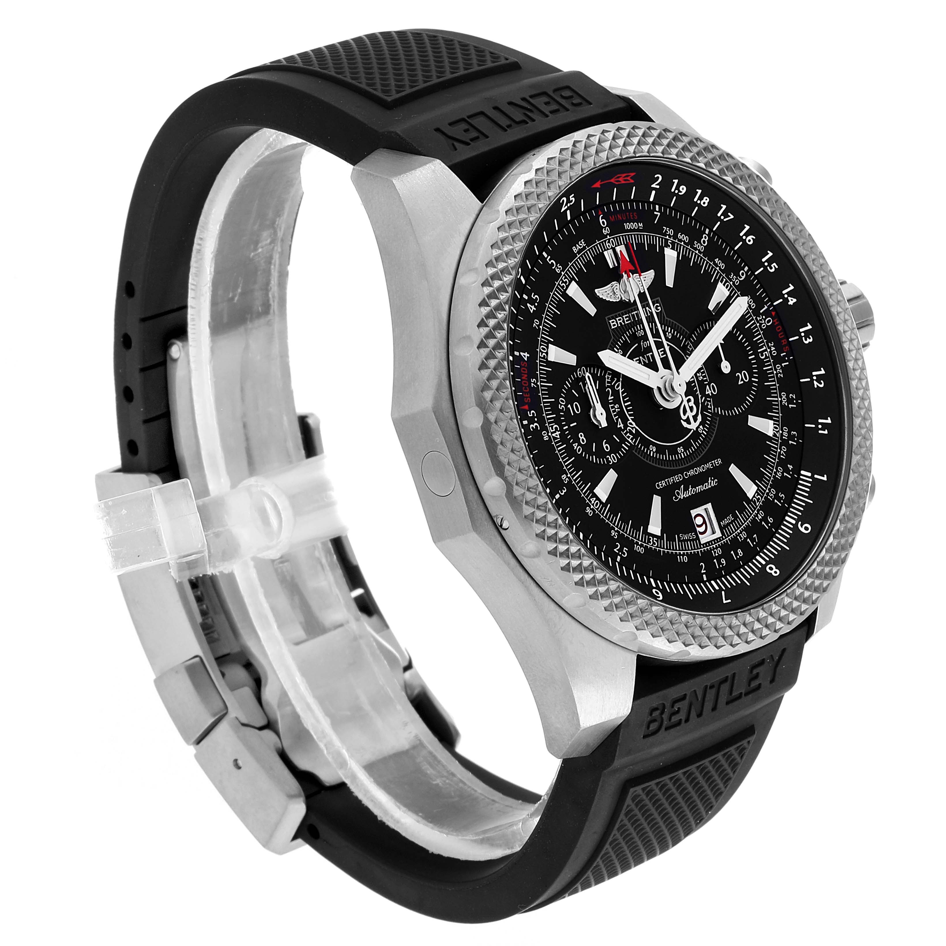 The image shows a side angle of a Breitling Bentley E27365 Men's Titanium Black Dial E27365 Men's Titanium Black Dial watch, highlighting its bezel, case, and strap.