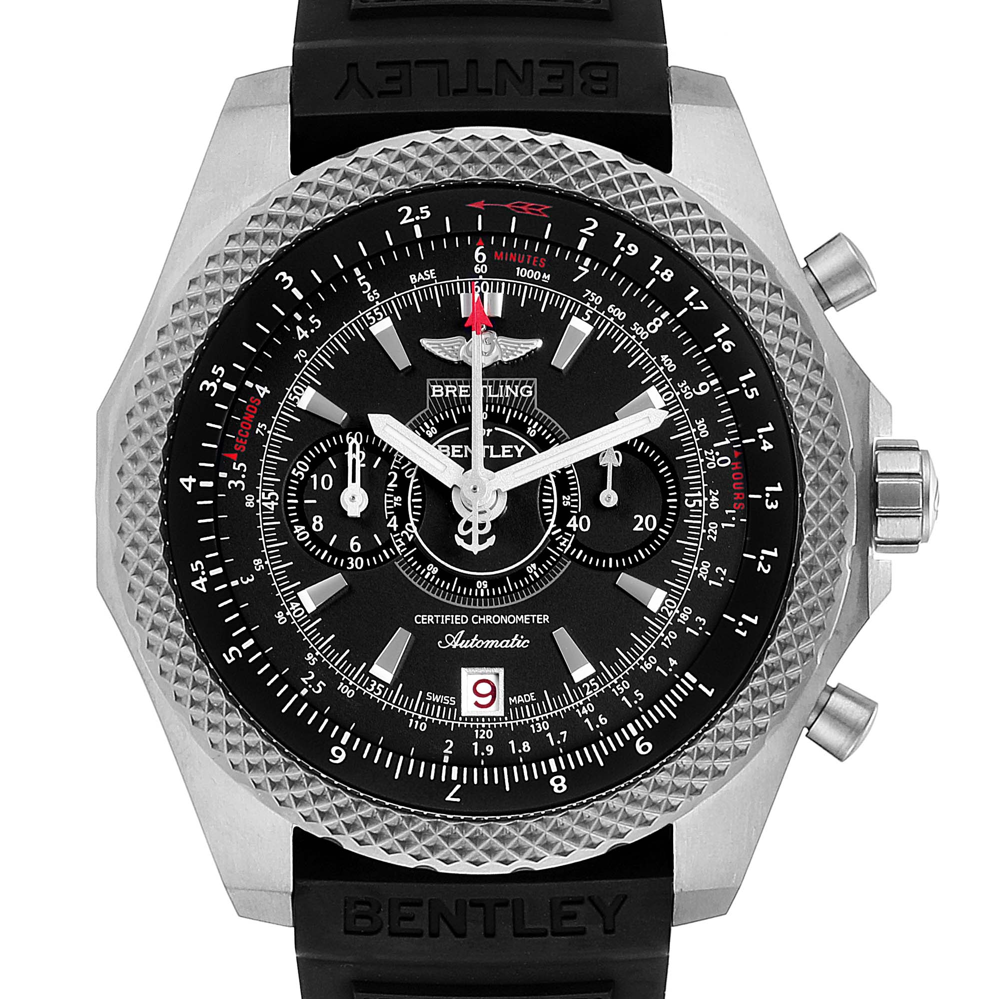 The image shows a front view of a Breitling Bentley E27365 Men's Titanium Black Dial E27365 Men's Titanium Black Dial model watch, highlighting its dial, bezel, pushers, and part of the black strap.