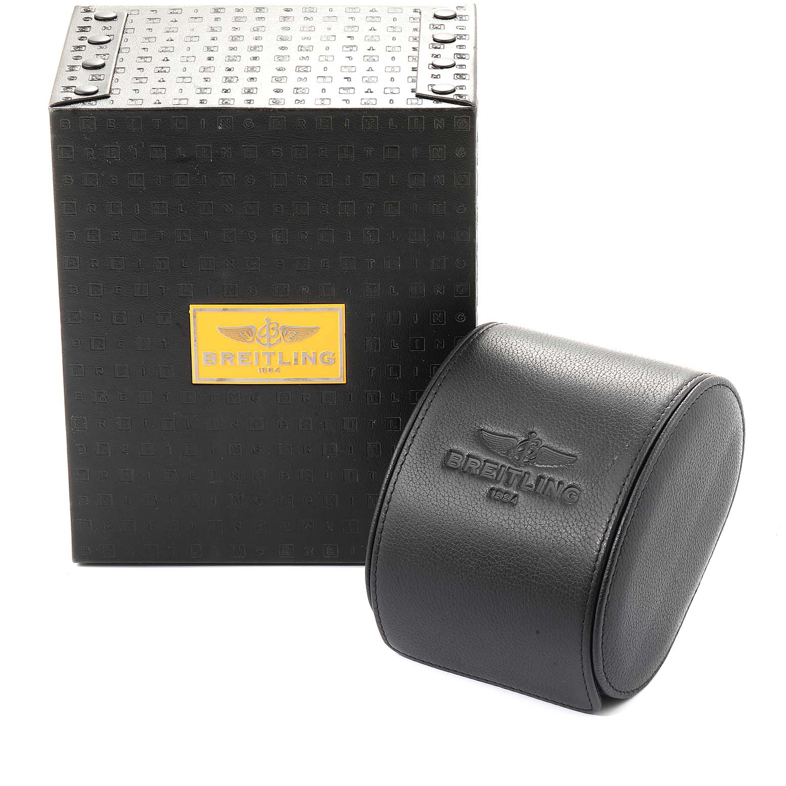 The image shows the packaging box and watch case for a Bentley model by Breitling.