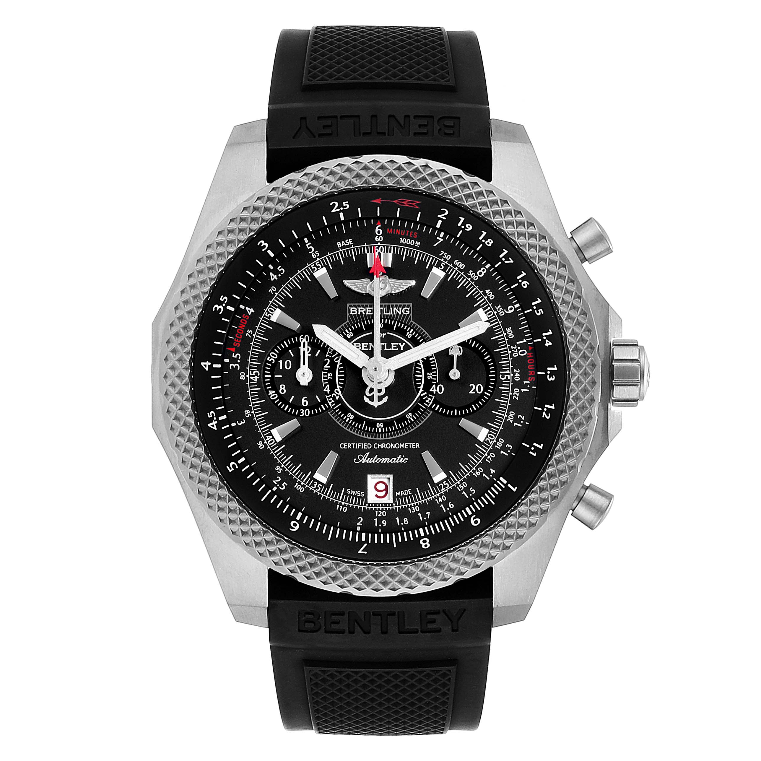 The image shows a front view of the Breitling Bentley E27365 Men's Titanium Black Dial E27365 Men's Titanium Black Dial model watch, highlighting its face, bezel, and strap.