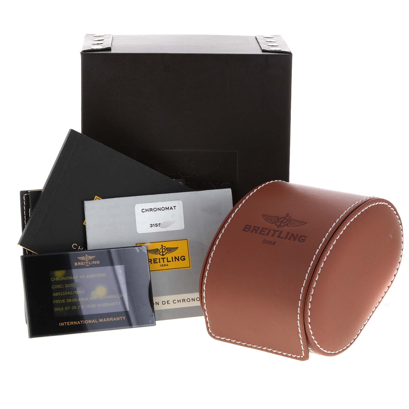 The image shows a Breitling Chronomat AB0115 Men's Stainless Steel Black Dial AB0115 Men's Stainless Steel Black Dial watch box, leather case, warranty booklet, and documentation.