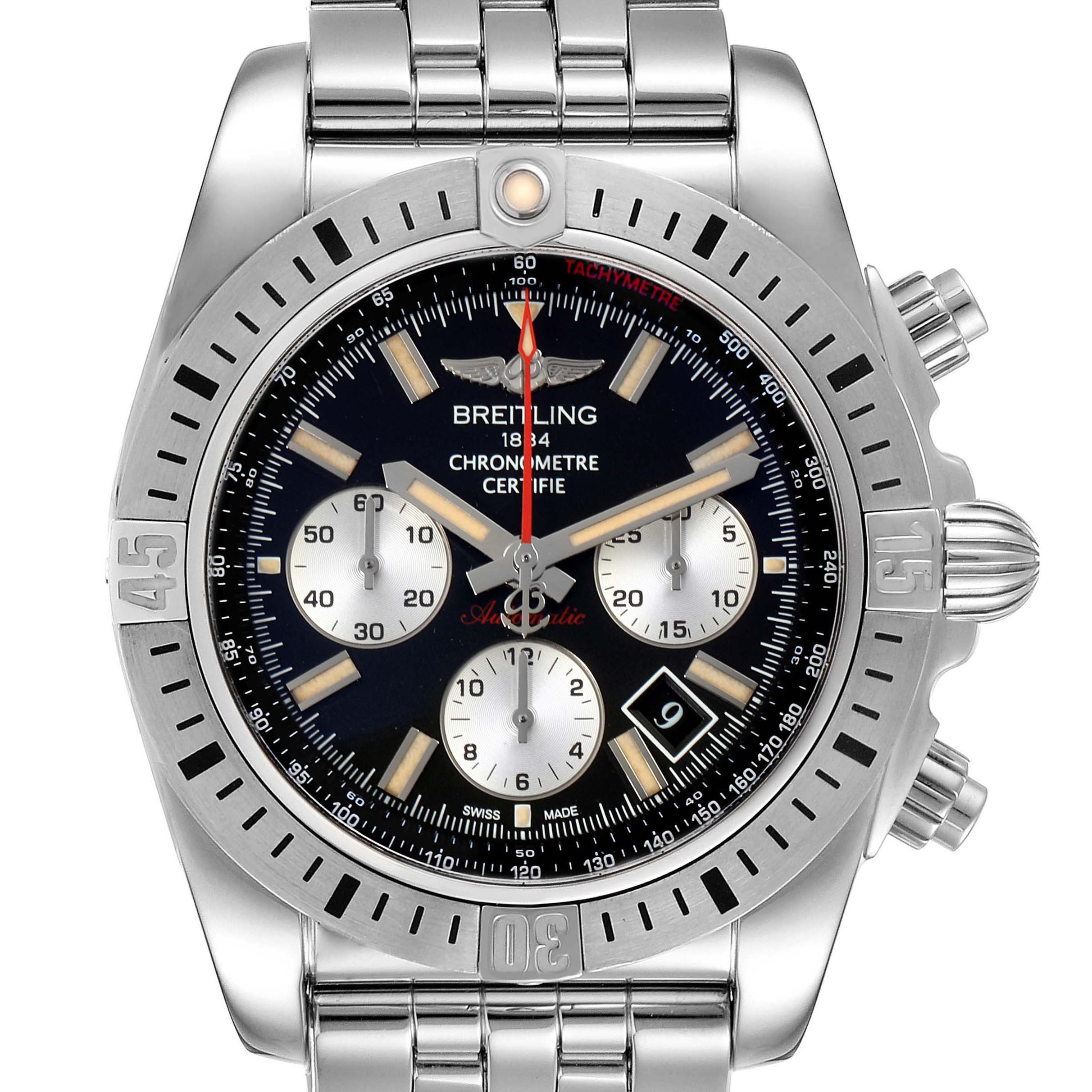 This image shows a front view of the Breitling Chronomat AB0115 Men's Stainless Steel Black Dial AB0115 Men's Stainless Steel Black Dial watch, including the face, bezel, and bracelet.