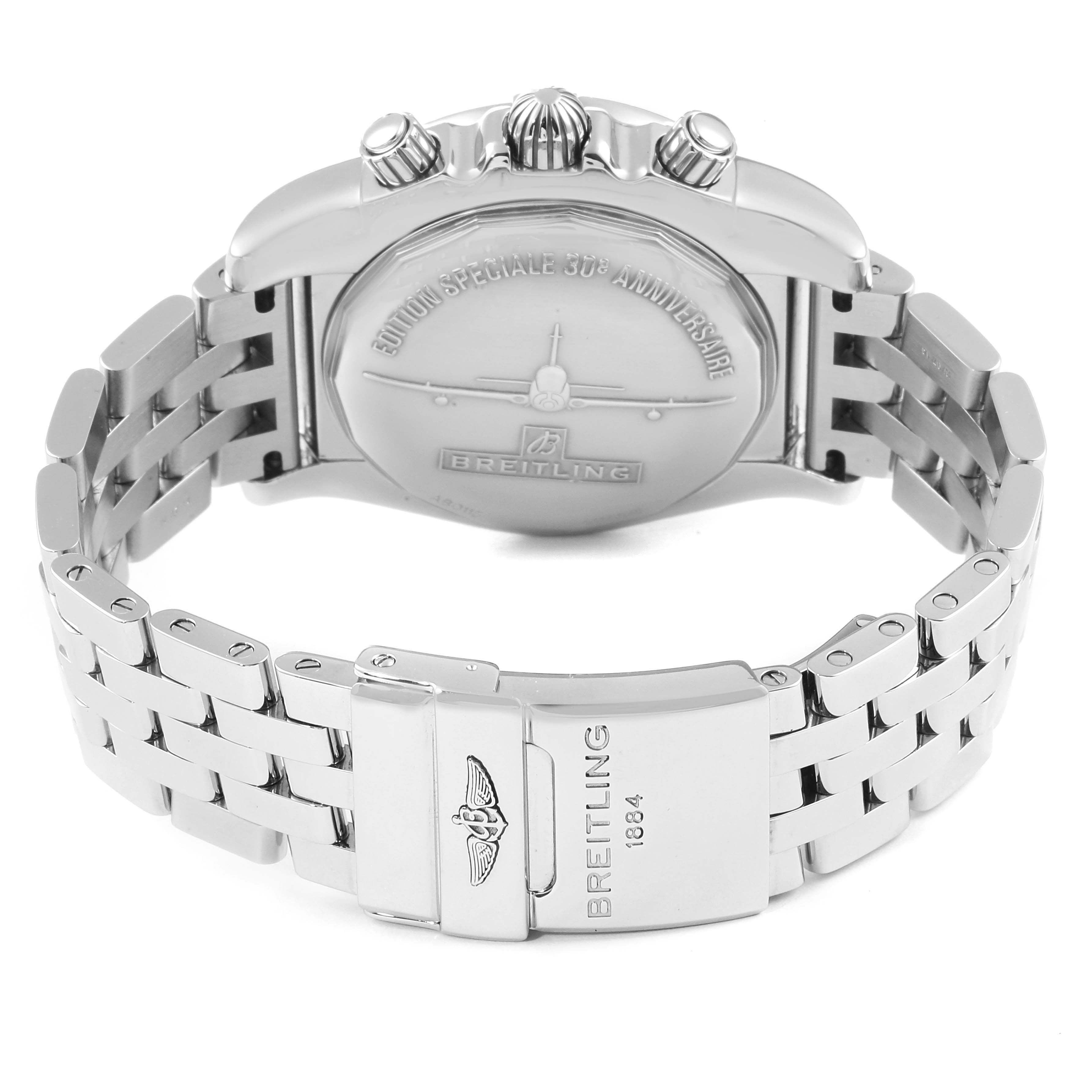 The image shows the back view of the Breitling Chronomat AB0115 Men's Stainless Steel Black Dial AB0115 Men's Stainless Steel Black Dial watch, highlighting its clasp, bracelet, and case back.