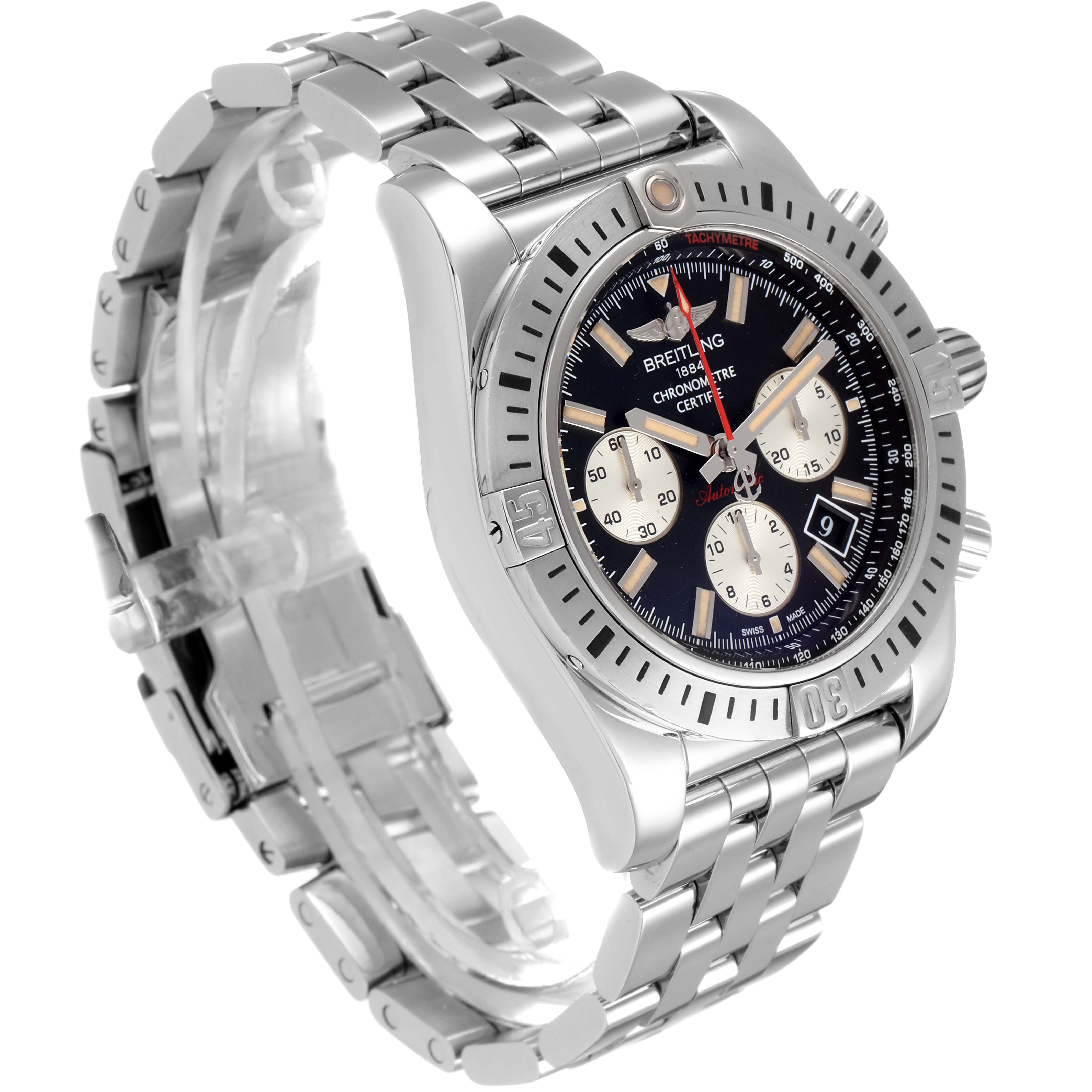 This image showcases a Breitling Chronomat AB0115 Men's Stainless Steel Black Dial AB0115 Men's Stainless Steel Black Dial watch at a slight angle, focusing on its face, bezel, and metal bracelet.