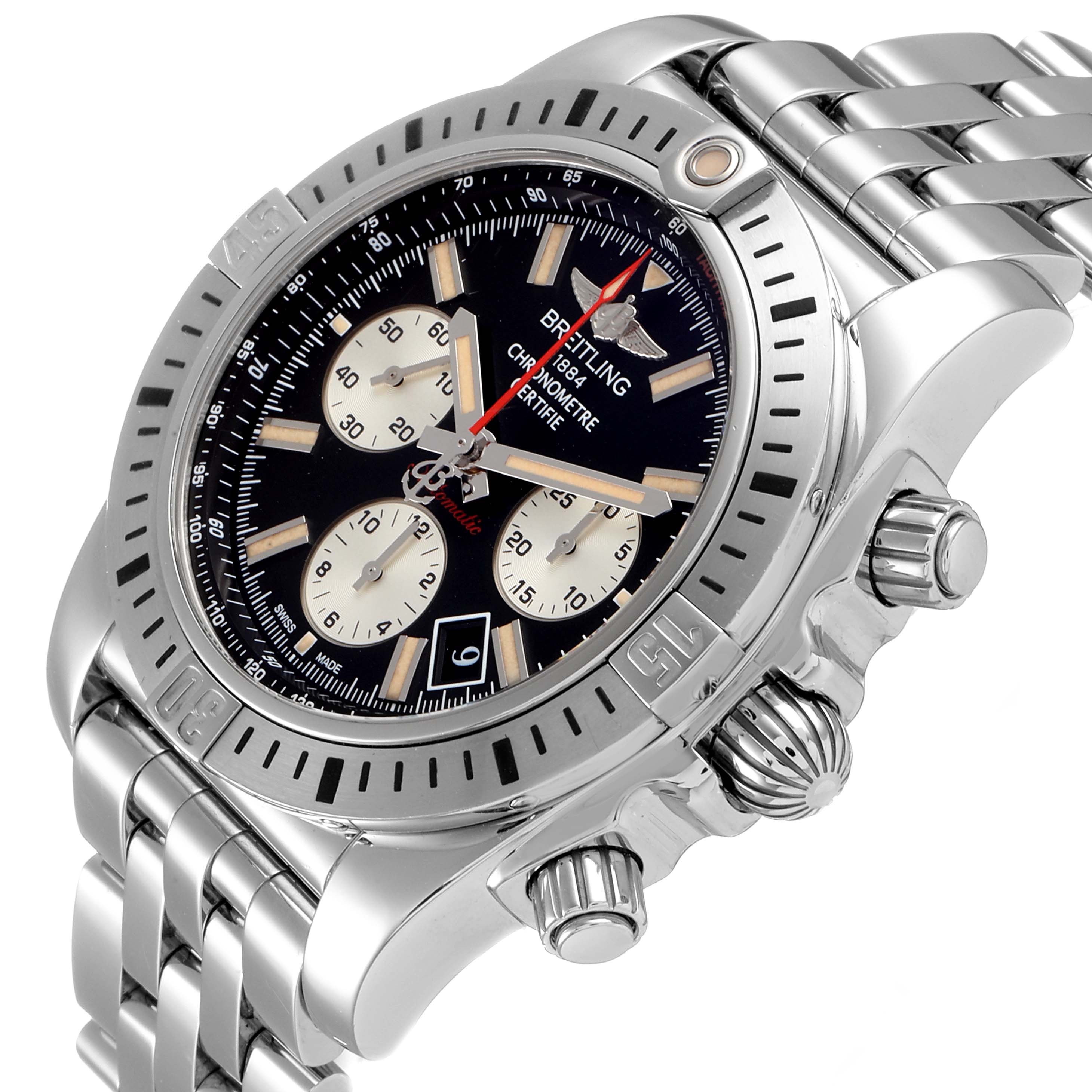 This Breitling Chronomat AB0115 Men's Stainless Steel Black Dial AB0115 Men's Stainless Steel Black Dial watch is shown at an angle highlighting its face, bezel, crown, pushers, and stainless steel strap.