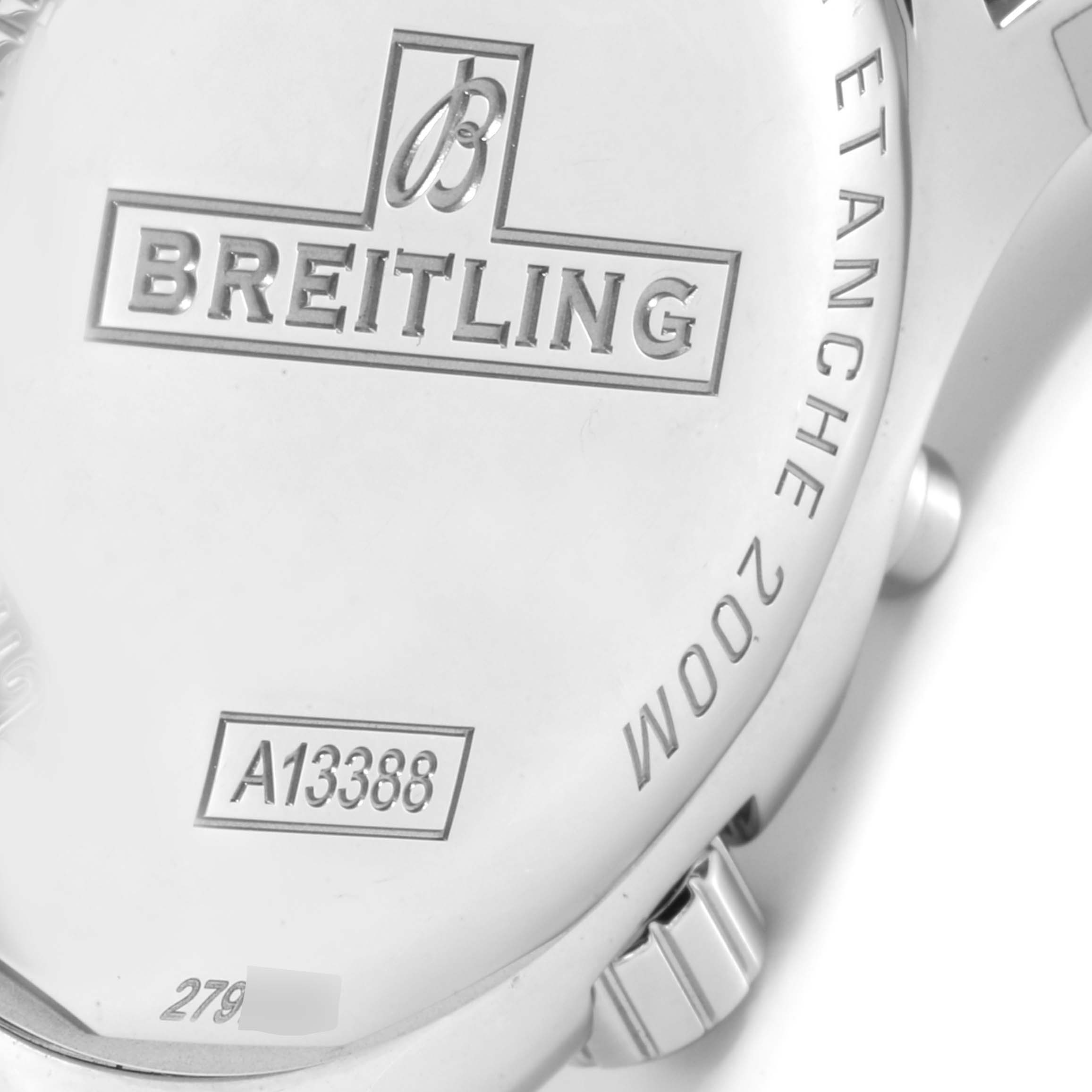 This image shows the back case of a Breitling Colt A13035 Men's Stainless Steel Blue Dial A13035 Men's Stainless Steel Blue Dial watch with branding and model details engraved.