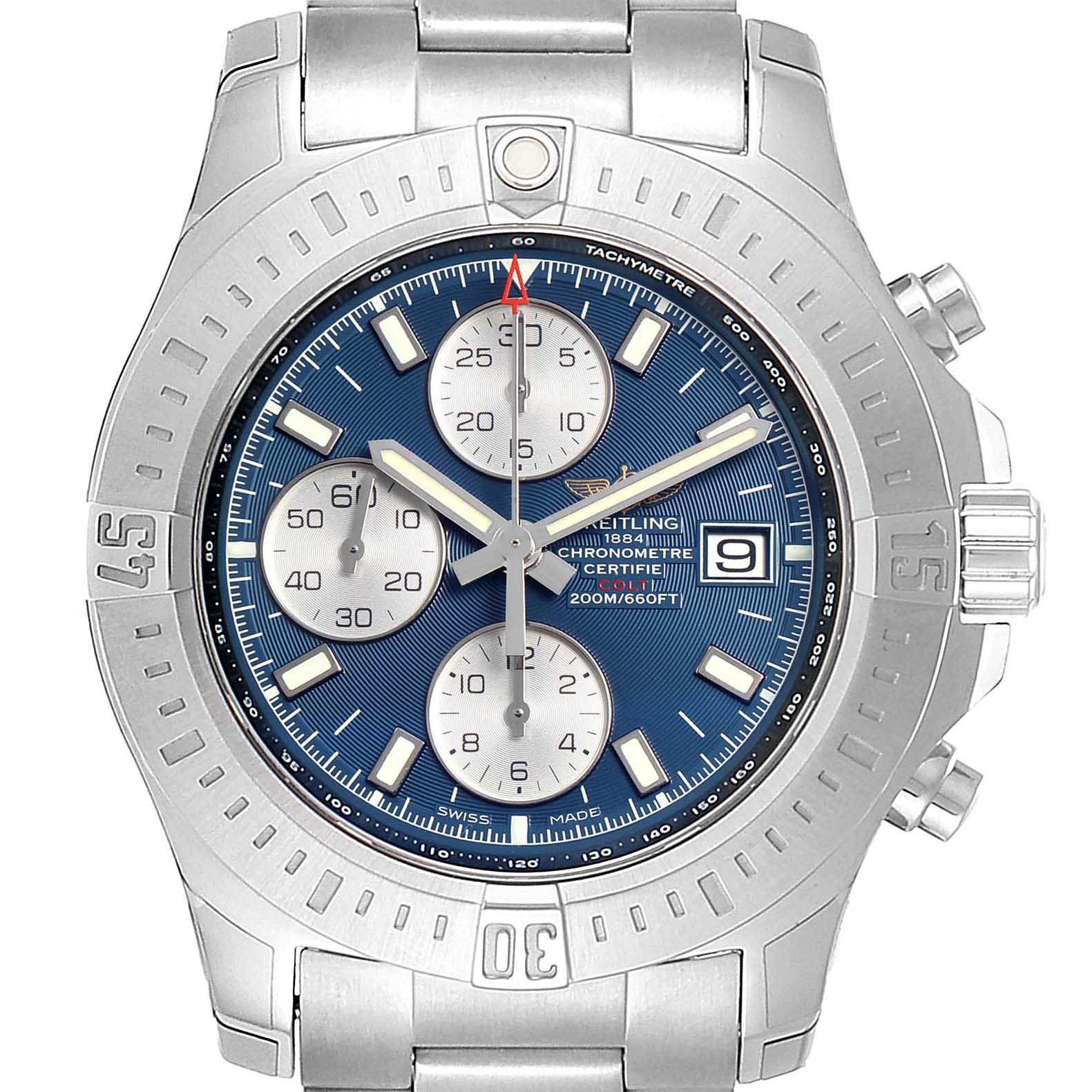 The image shows a front view of the Breitling Colt A13035 Men's Stainless Steel Blue Dial A13035 Men's Stainless Steel Blue Dial watch, displaying the dial, bezel, subdials, and bracelet.