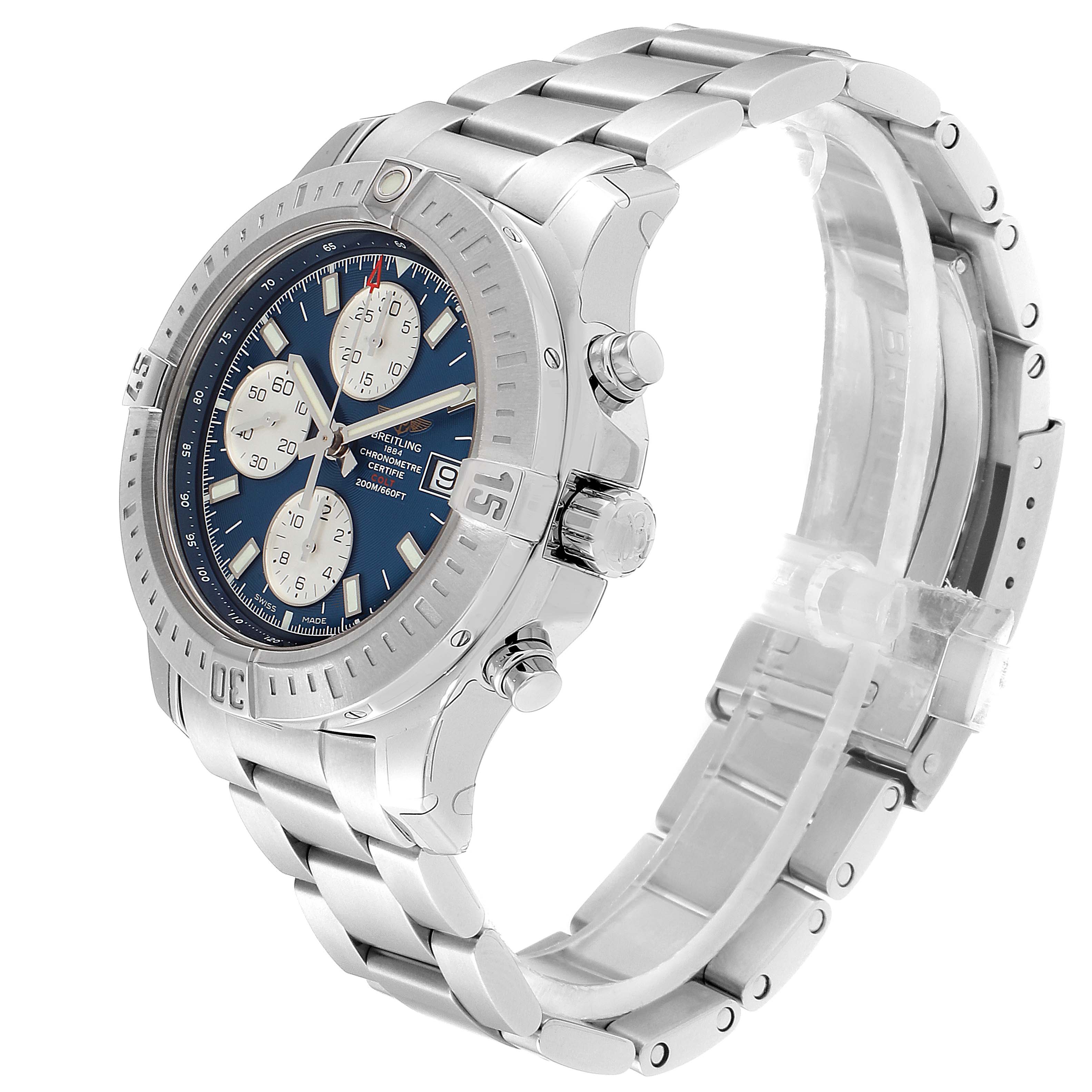The Breitling Colt A13035 Men's Stainless Steel Blue Dial A13035 Men's Stainless Steel Blue Dial watch is shown at a 3/4 angle highlighting the face, bezel, crown, pushers, and bracelet.