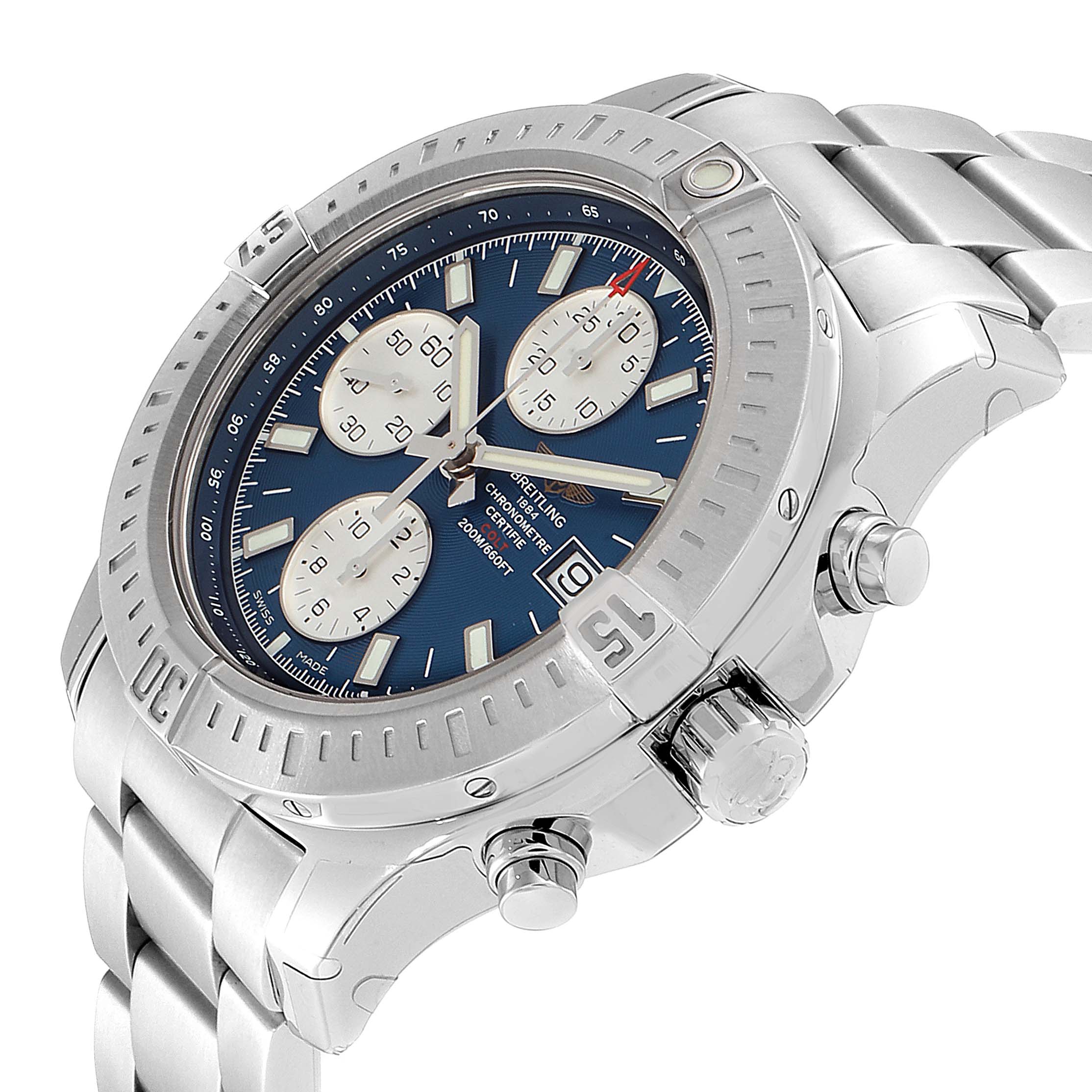 This image shows a Breitling Colt A13035 Men's Stainless Steel Blue Dial A13035 Men's Stainless Steel Blue Dial watch from an angled side view, highlighting the bezel, pushers, and stainless steel bracelet.