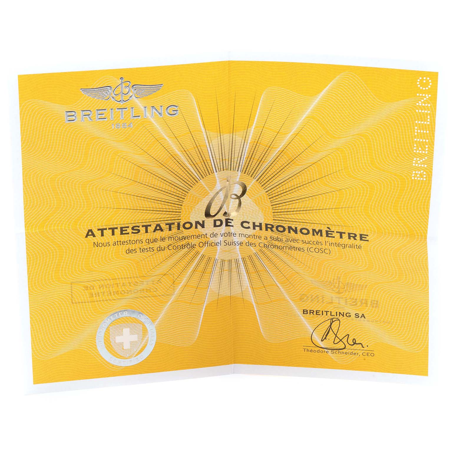 The image shows a Breitling Colt A13035 Men's Stainless Steel Blue Dial A13035 Men's Stainless Steel Blue Dial model's yellow chronometer certification document with the brand logo and official signatures.