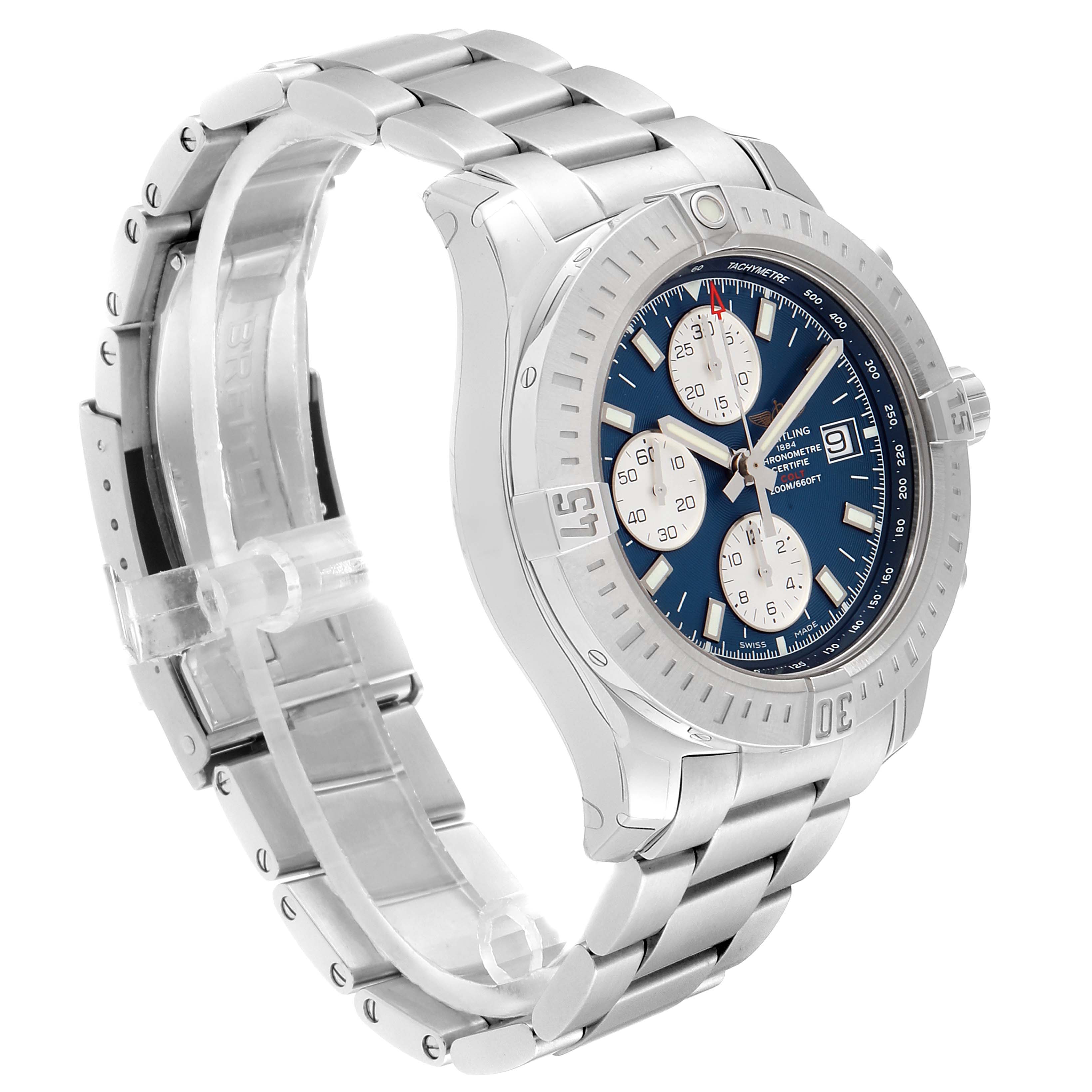 The image shows a Breitling Colt A13035 Men's Stainless Steel Blue Dial A13035 Men's Stainless Steel Blue Dial model watch at an angle highlighting its face, bezel, and stainless steel bracelet.